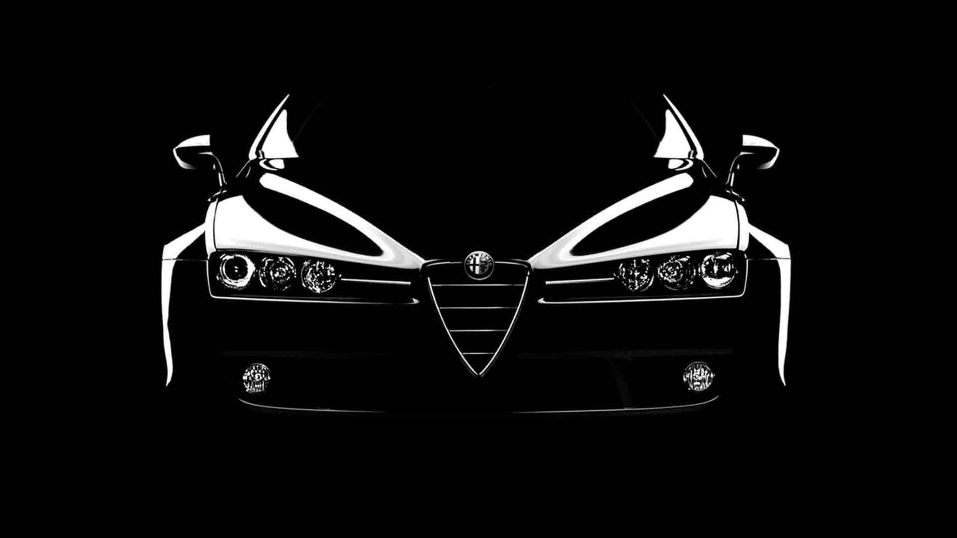 Alfa Romeo Brera 桌布 壁紙 — 純黑色背景上，阿爾法羅密歐跑車正面的鮮明白色剪影。