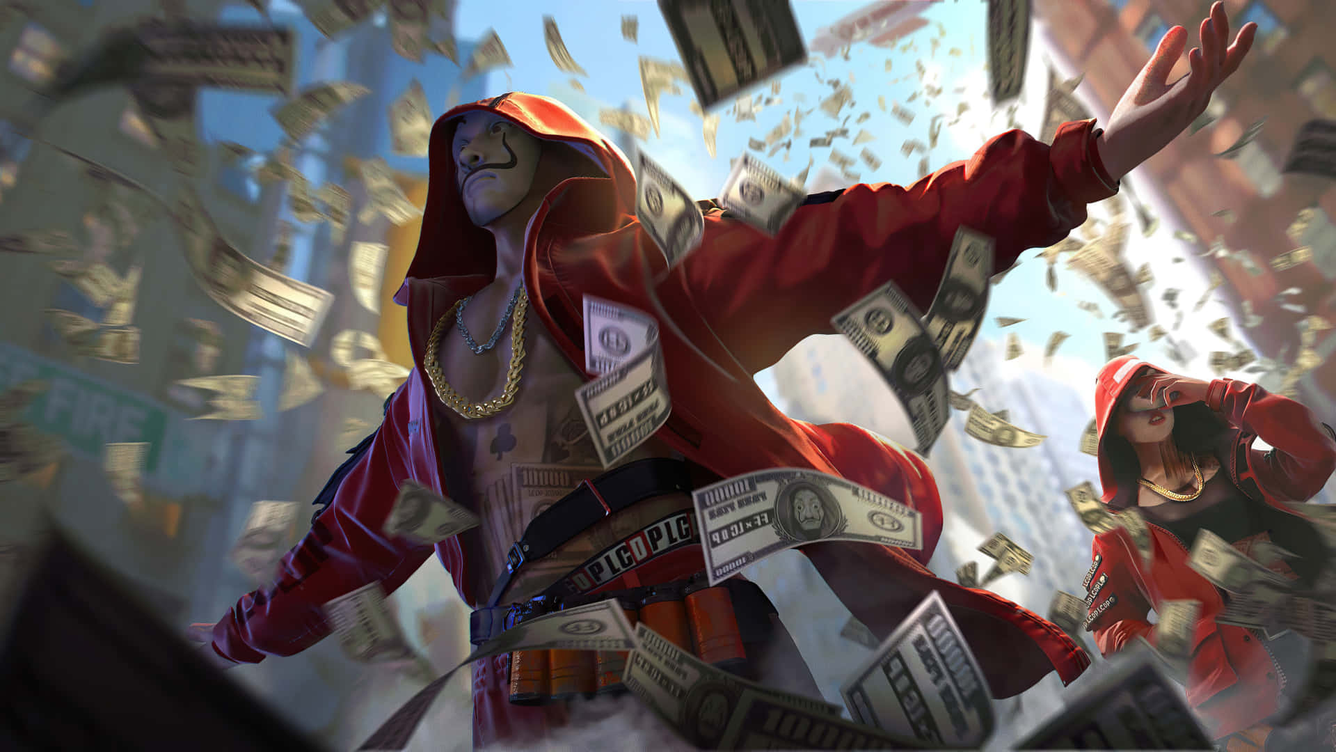 《紙房子》Garena Free Fire主題海報 壁紙 — 一個戴面具嘅人著住紅色連帽衫，喺城市景觀中將錢拋向空中，附近有另一個戴帽嘅人。