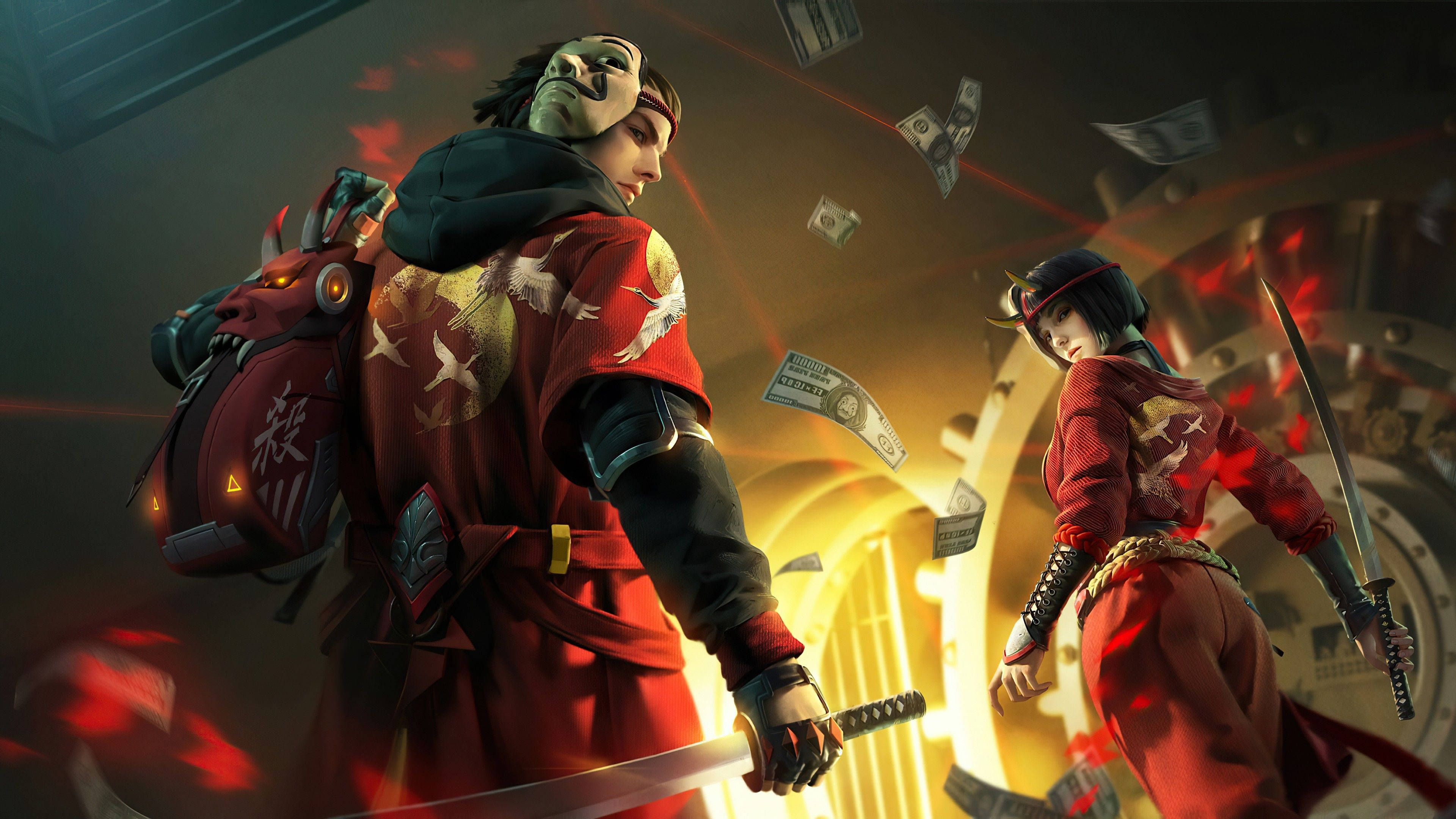 紙房子 X Garena 壁紙 — 兩名身穿紅色服裝、戴著面具、手持劍的武士站在未來風格的保險庫中，周圍是飄落的金錢和發光的紅色能量。