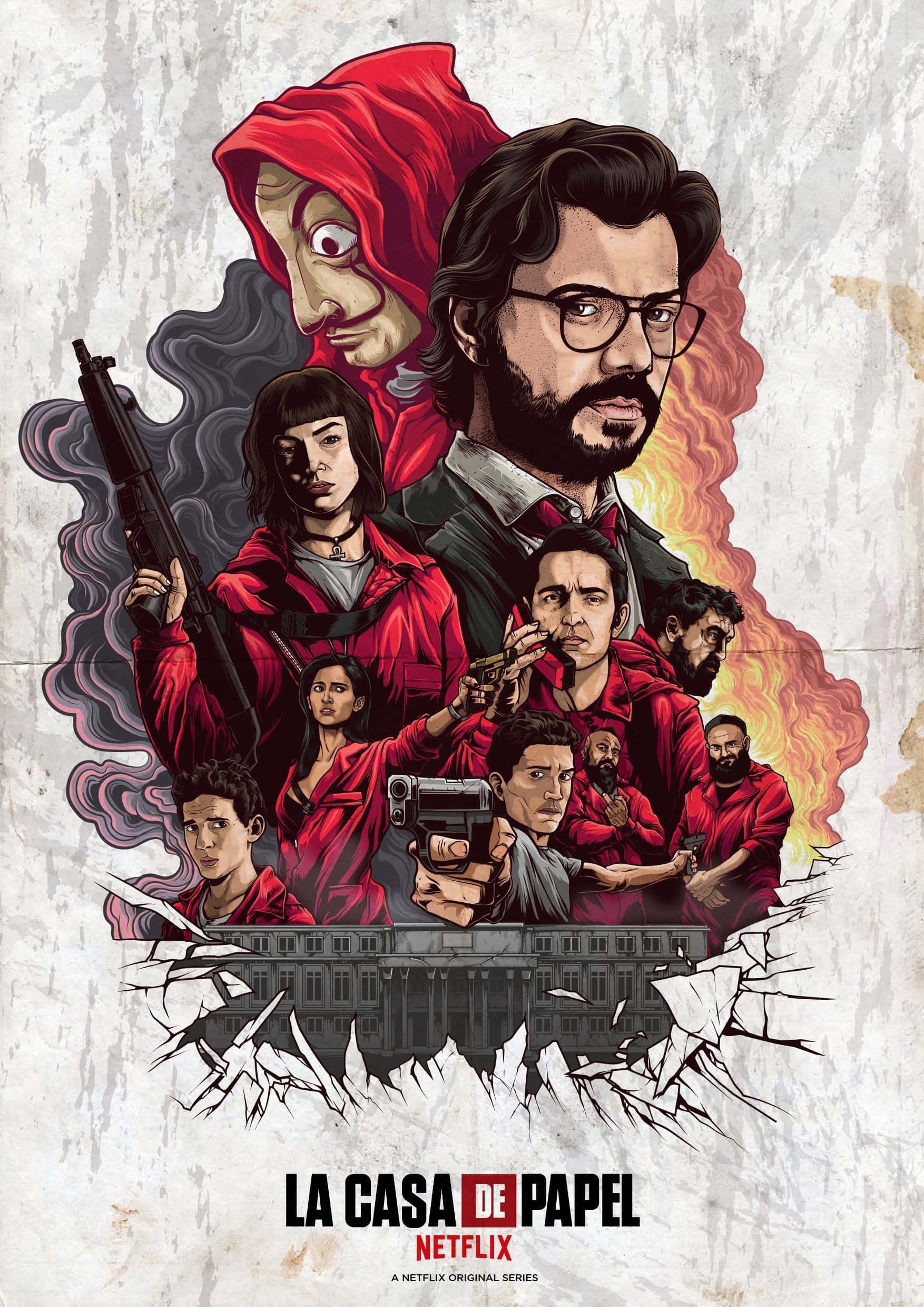 《紙房子》官方Netflix海報 壁紙 — 《紙房子》劫匪團隊持槍衝破裂牆的戲劇性插圖海報，表情強烈。