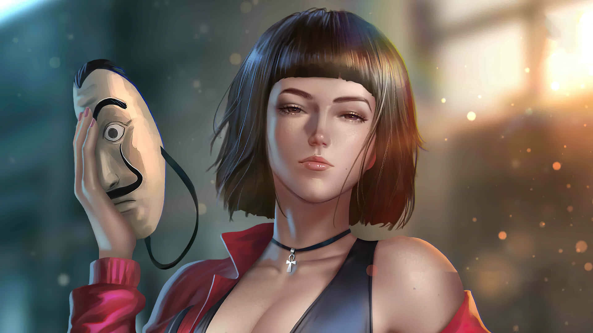 女性身穿紅色外套和黑色頸鍊，在發光背景中手持達利面具。