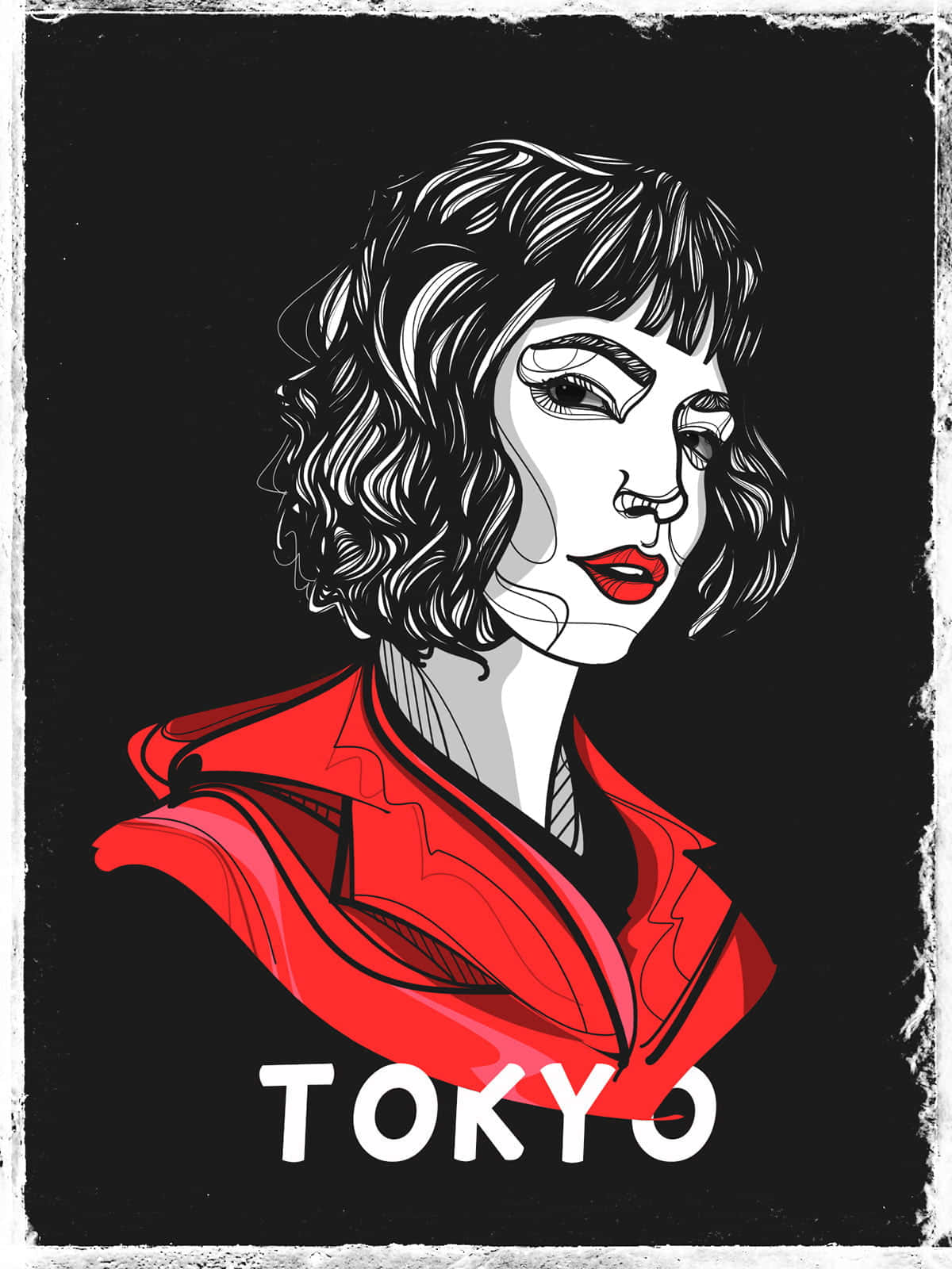 插圖女性穿著紅色外套，黑色背景上有「TOKYO」文字。