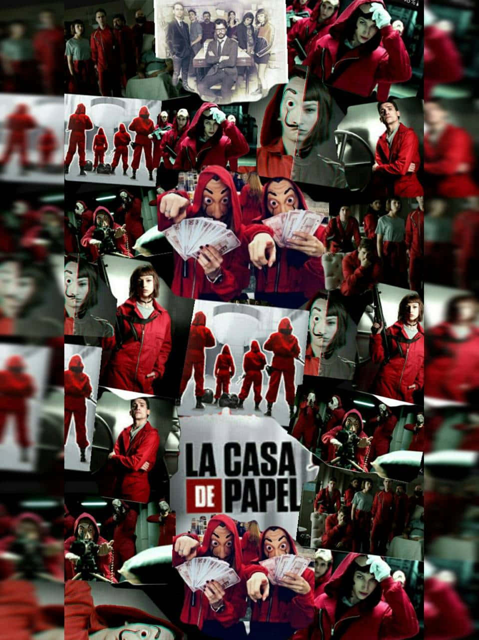 Money Heist 桌布 壁紙 — 《紙房子》角色身穿紅色連身衣、手持金錢並戴著面具的拼貼畫。