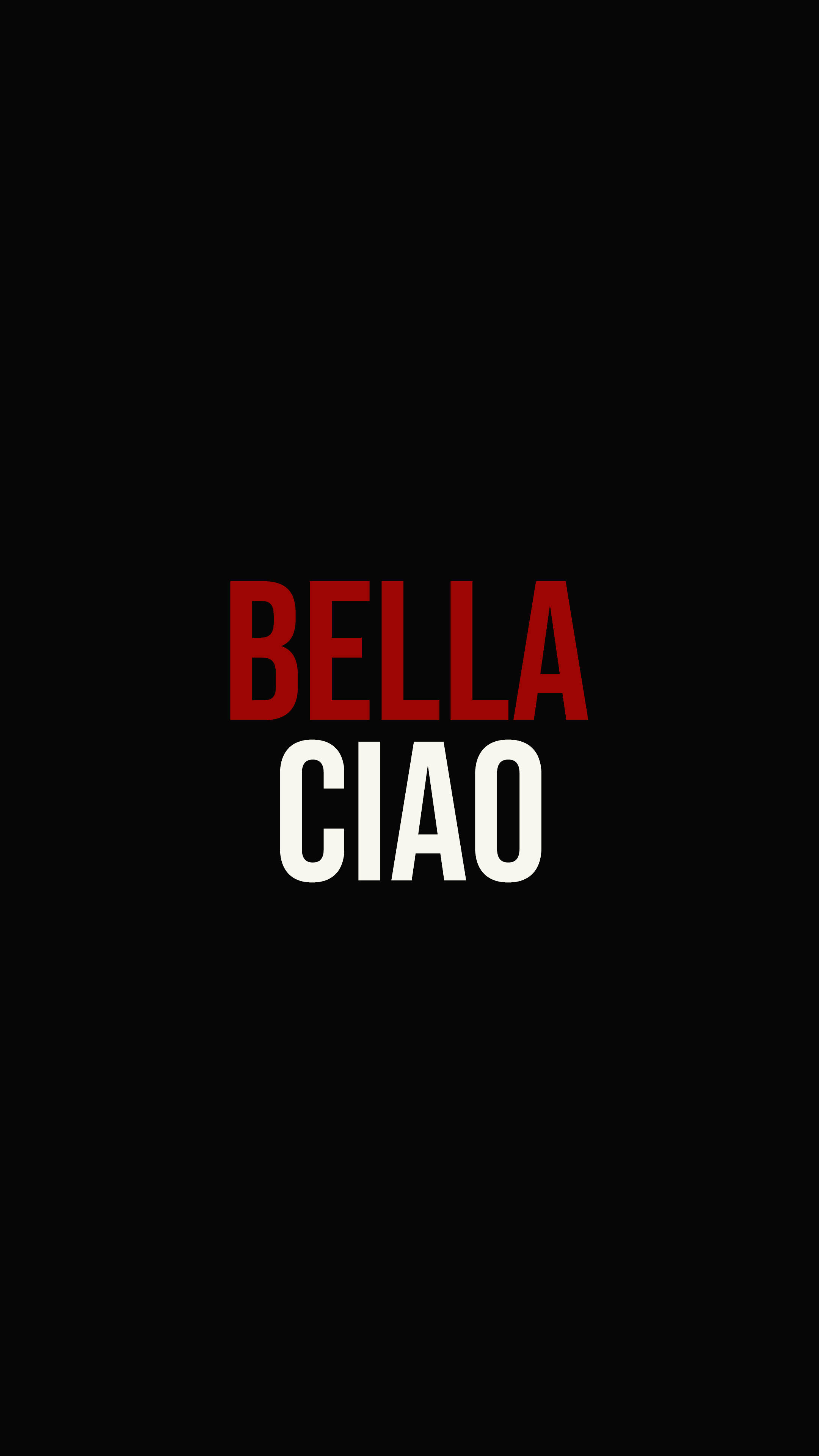 紙房子Bella Ciao 壁紙 — 大膽的紅色和白色文字拼寫BELLA CIAO，居中在純黑色背景上。