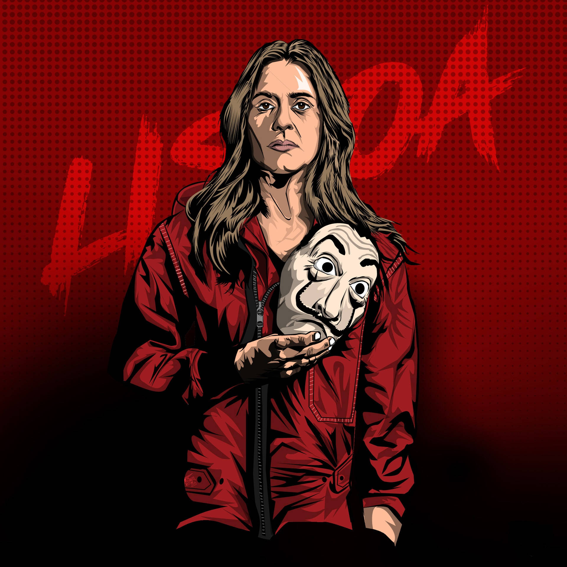 紙房子里斯本向量藝術 壁紙 — 一位身穿紅色外套的女性，在帶有塗鴉的粗糙紅色半色調背景前，手持白色達利面具。
