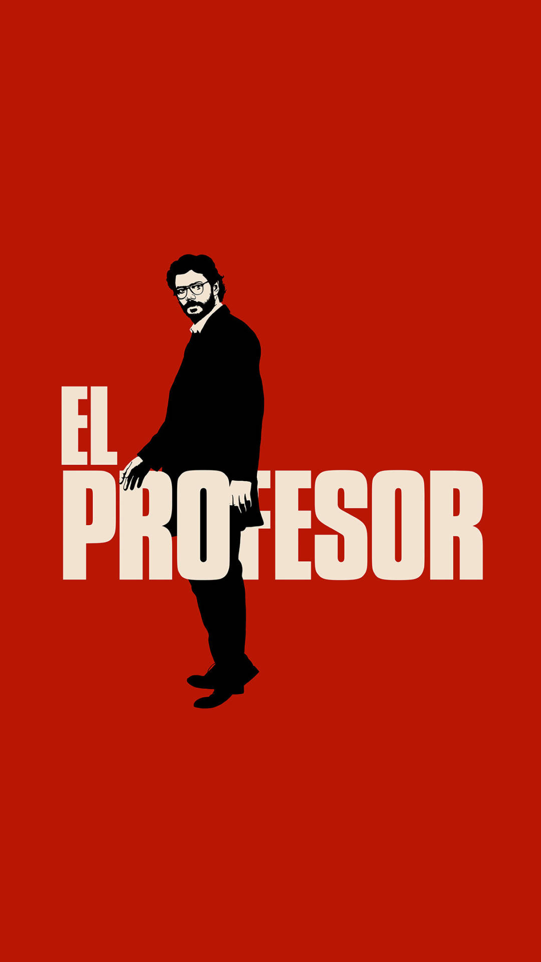 一個穿西裝戴眼鏡的男人站在紅色背景前，上面有白色文字「El Profesor」。