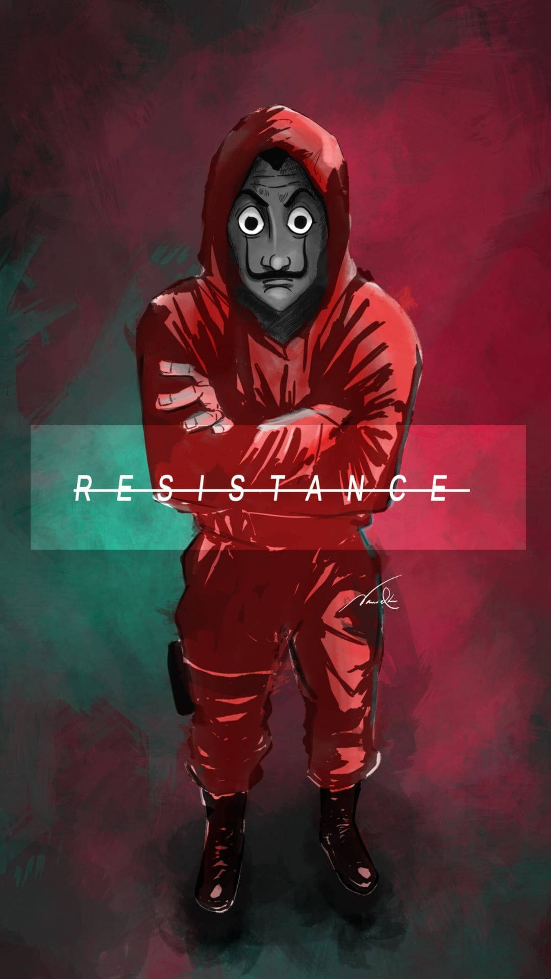 一個穿著紅色連帽衫的蒙面人物，雙臂交叉，顯示「resistance」這個詞。