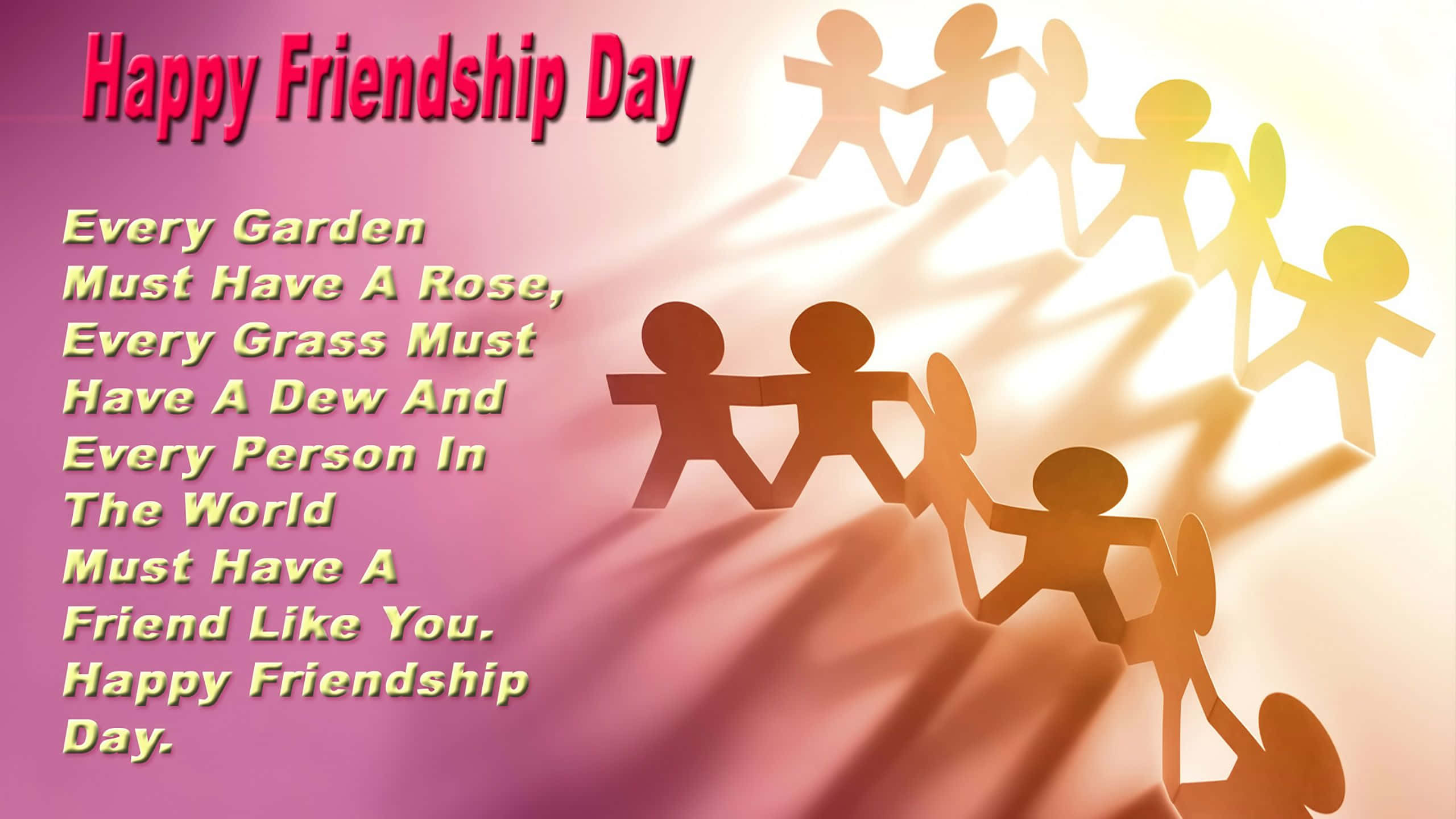 Friendship Day 桌布 壁紙 — 紙藝剪影人物手牽手圍成圓圈，背景是發光漸變色，並附有友誼日語錄。