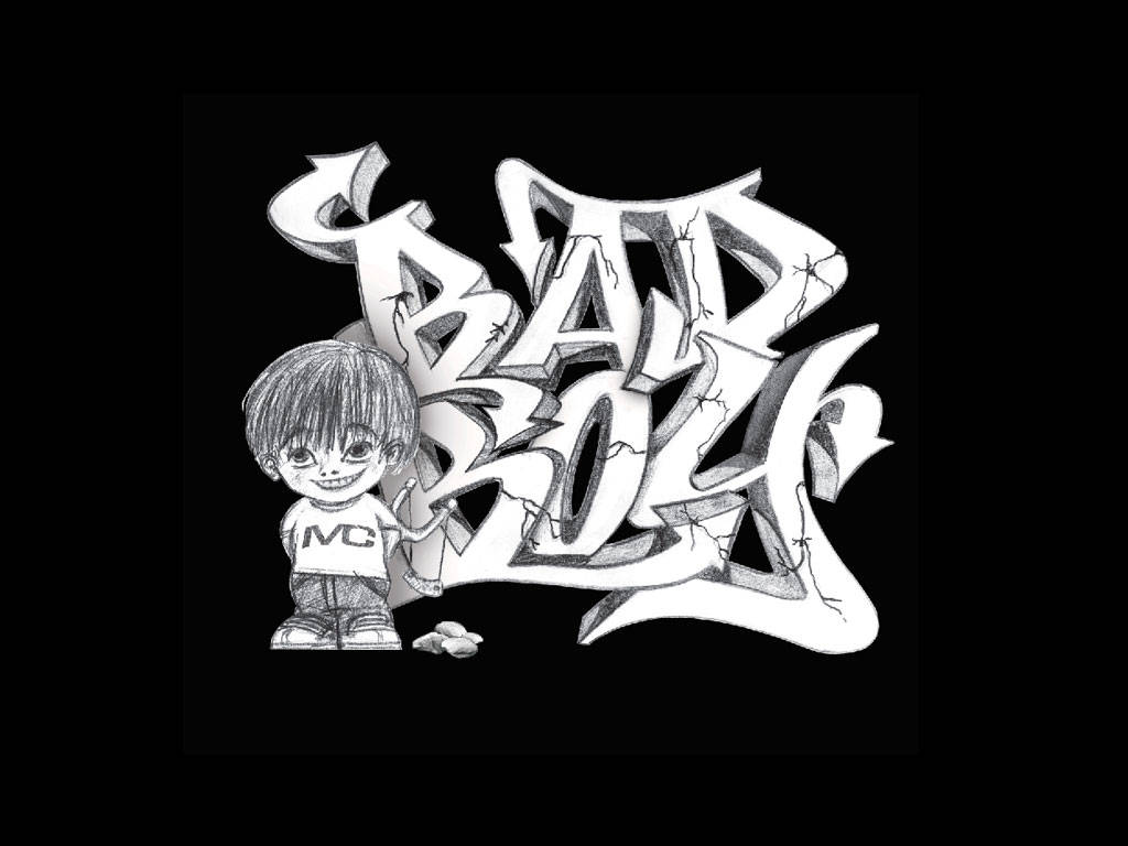 Q版男孩在裂紋塗鴉字母旁邊，寫著bad boy