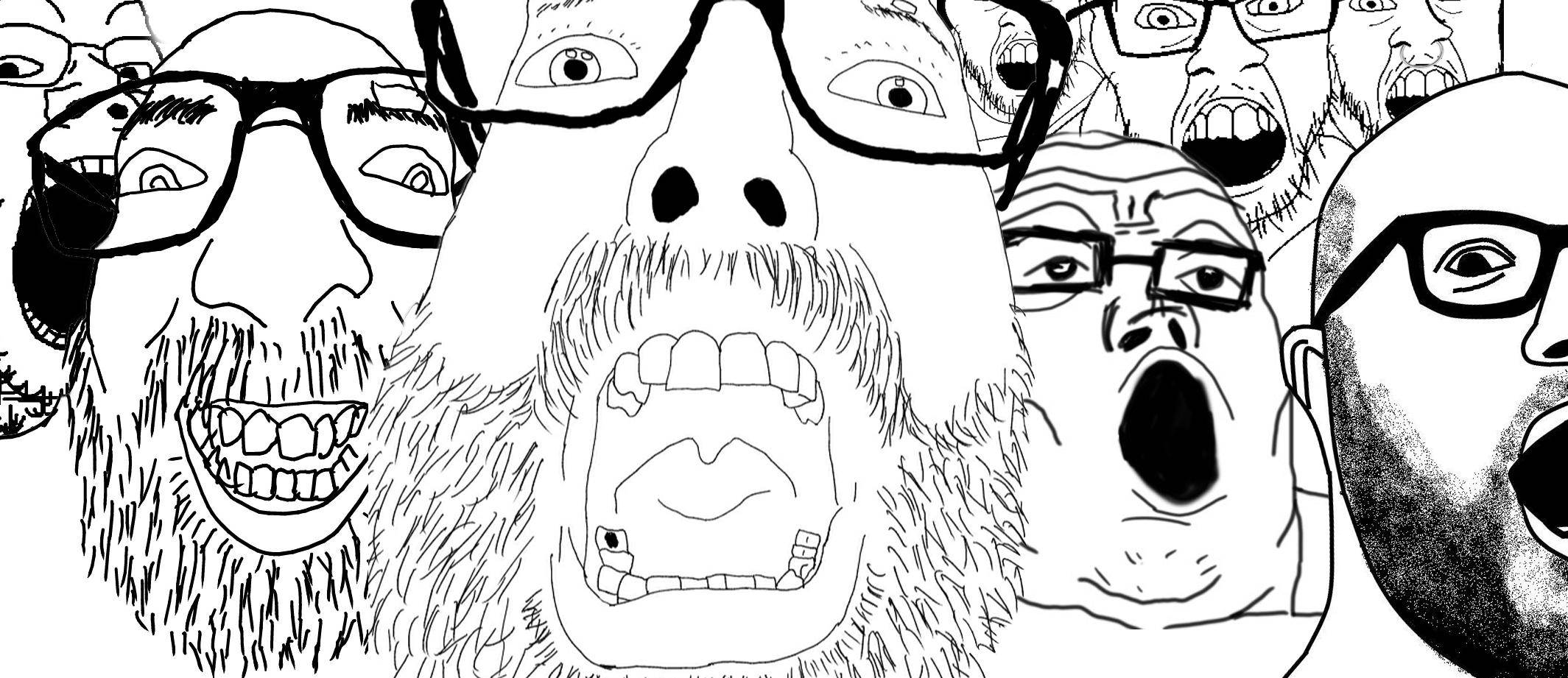 索亞克模因臉數位繪畫 壁紙 — 一幅混亂的黑白線條畫，描繪多名戴眼鏡、表情誇張的尖叫男子。