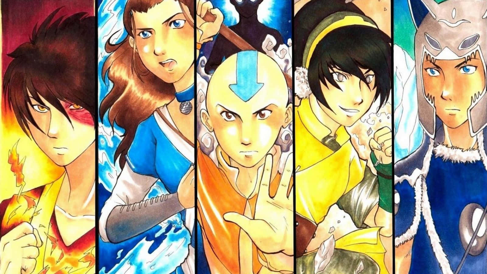 五位降世神通角色各自在色彩繽紛的動漫風格中揮舞元素力量。