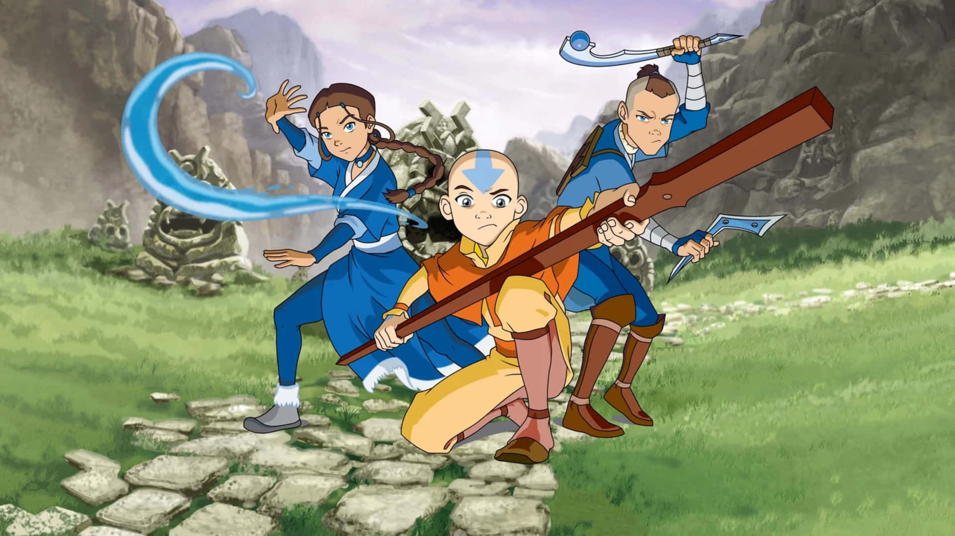 三位身穿藍色和橙色服裝的動畫角色，站在山谷中的一條石徑上。