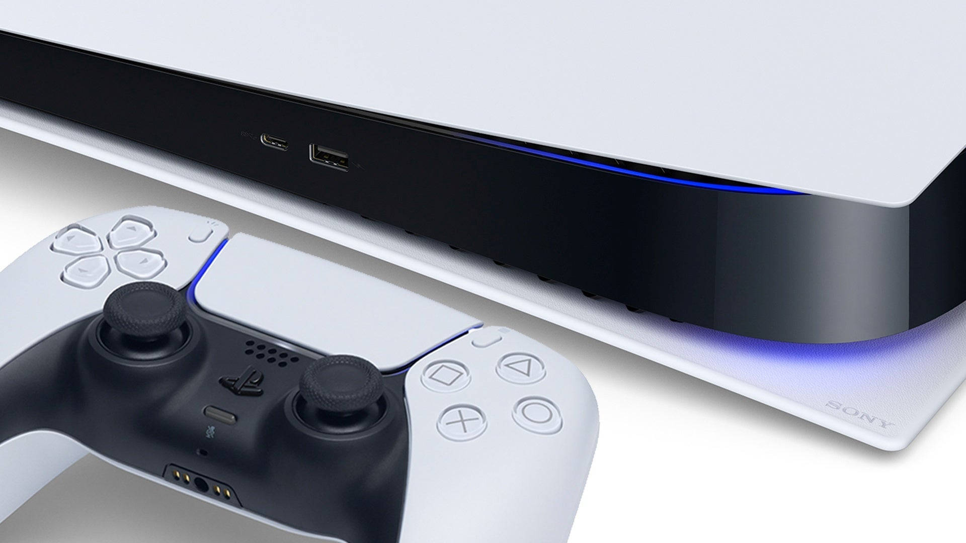 索尼 PS5 遊戲套裝 壁紙 — 一部時尚的白色PlayStation 5主機帶有藍色LED燈光，旁邊放著相配的控制器，置於潔白的表面上。