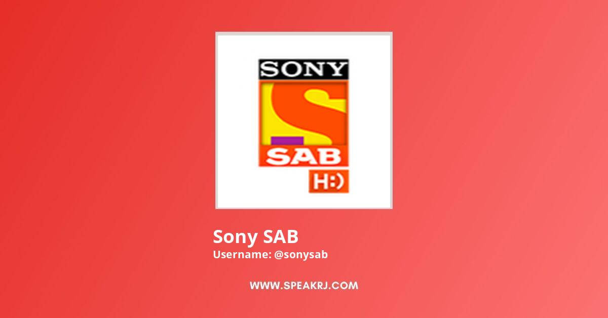珊瑚紅背景上帶有笑臉的 Sony SAB 標誌，附有網站和用戶名文字。