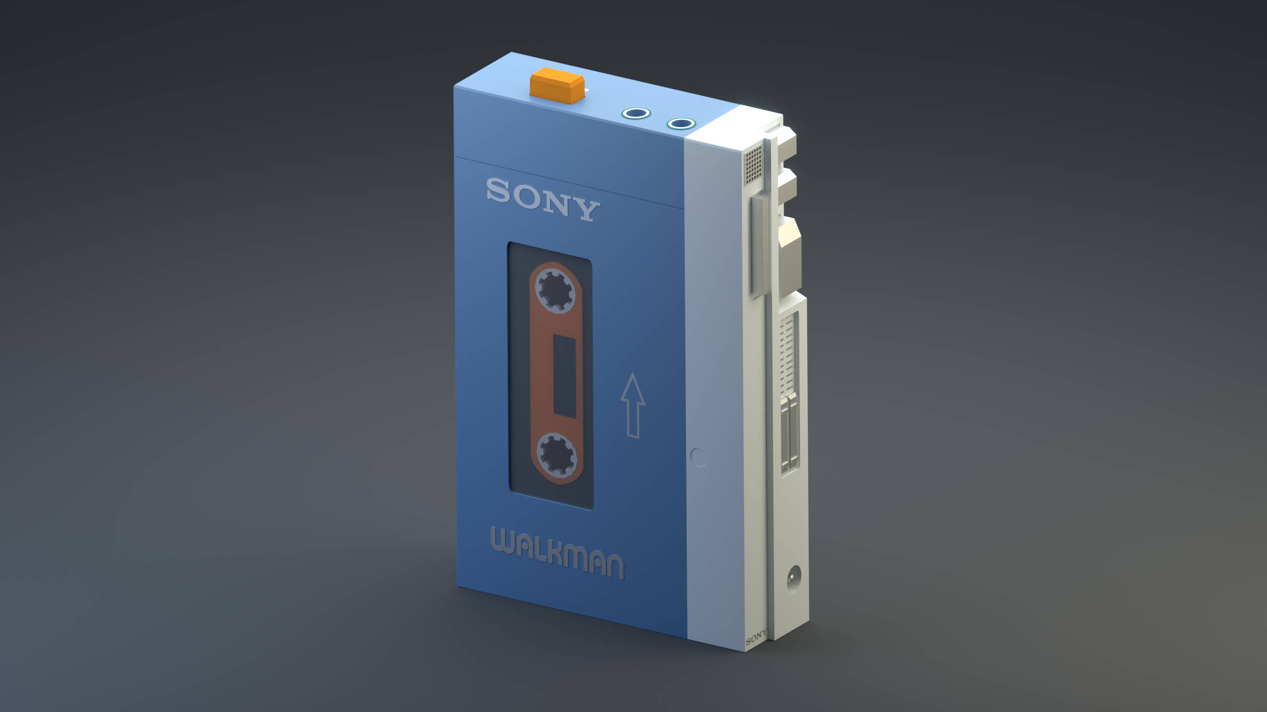 索尼 Walkman 藍色款 壁紙 — 復古藍色Sony Walkman便攜式卡式錄音機，帶橙色點綴和可見的磁帶倉。