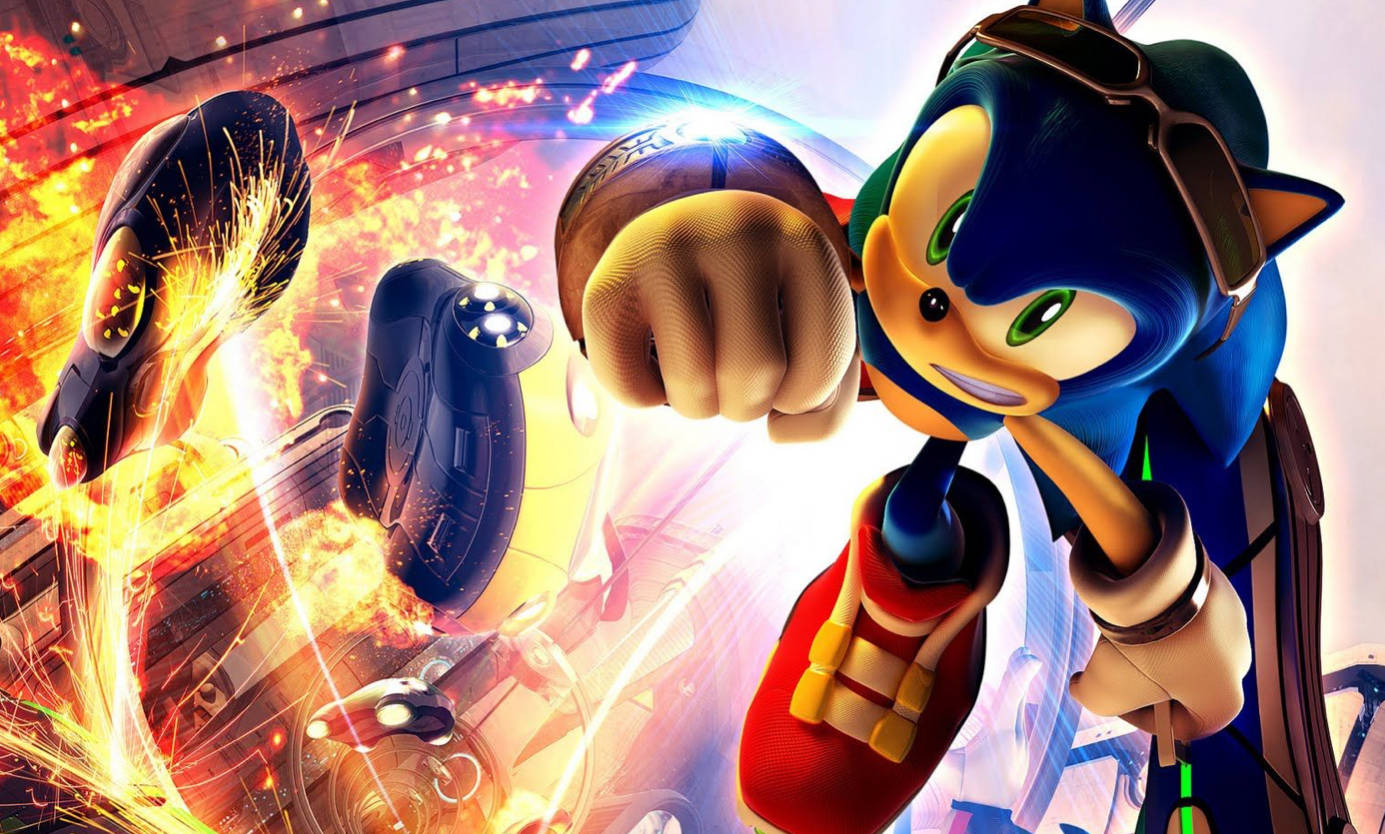Sonic the Hedgehog 在高速動作場景中，伴隨著爆炸和未來車輛。 — 索尼克 壁紙