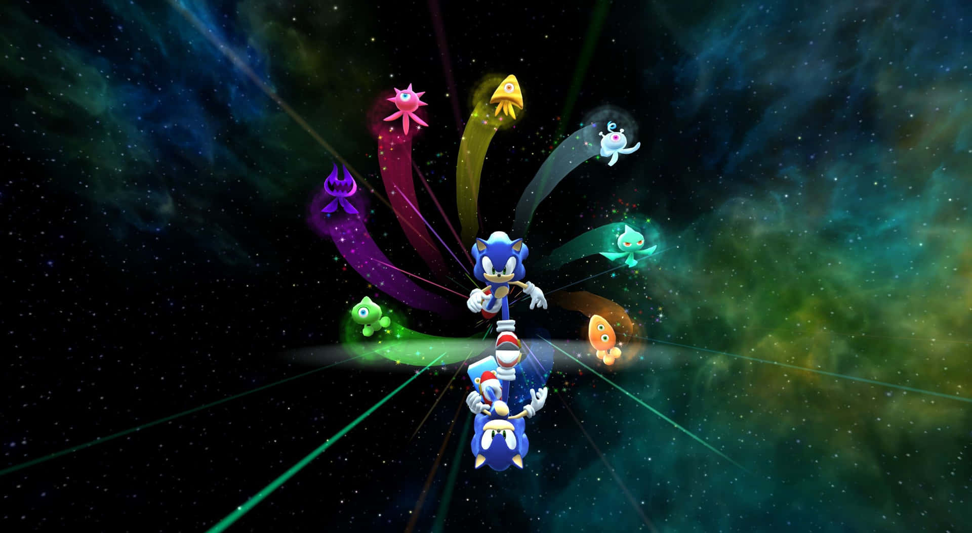 Sonic the Hedgehog 與發光的外星同伴在太空高速奔馳。