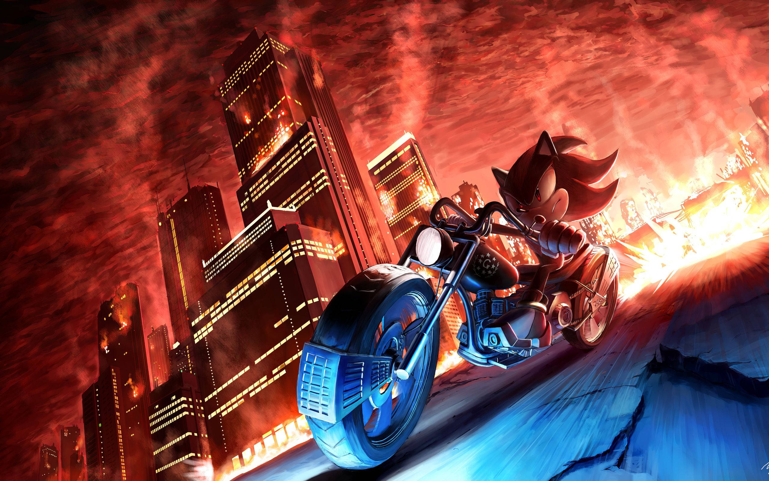 Shadow The Hedgehog 桌布 壁紙 — 索尼克（Sonic the Hedgehog）喺黃昏時分騎住藍色電單車穿過燃燒嘅城市景觀。