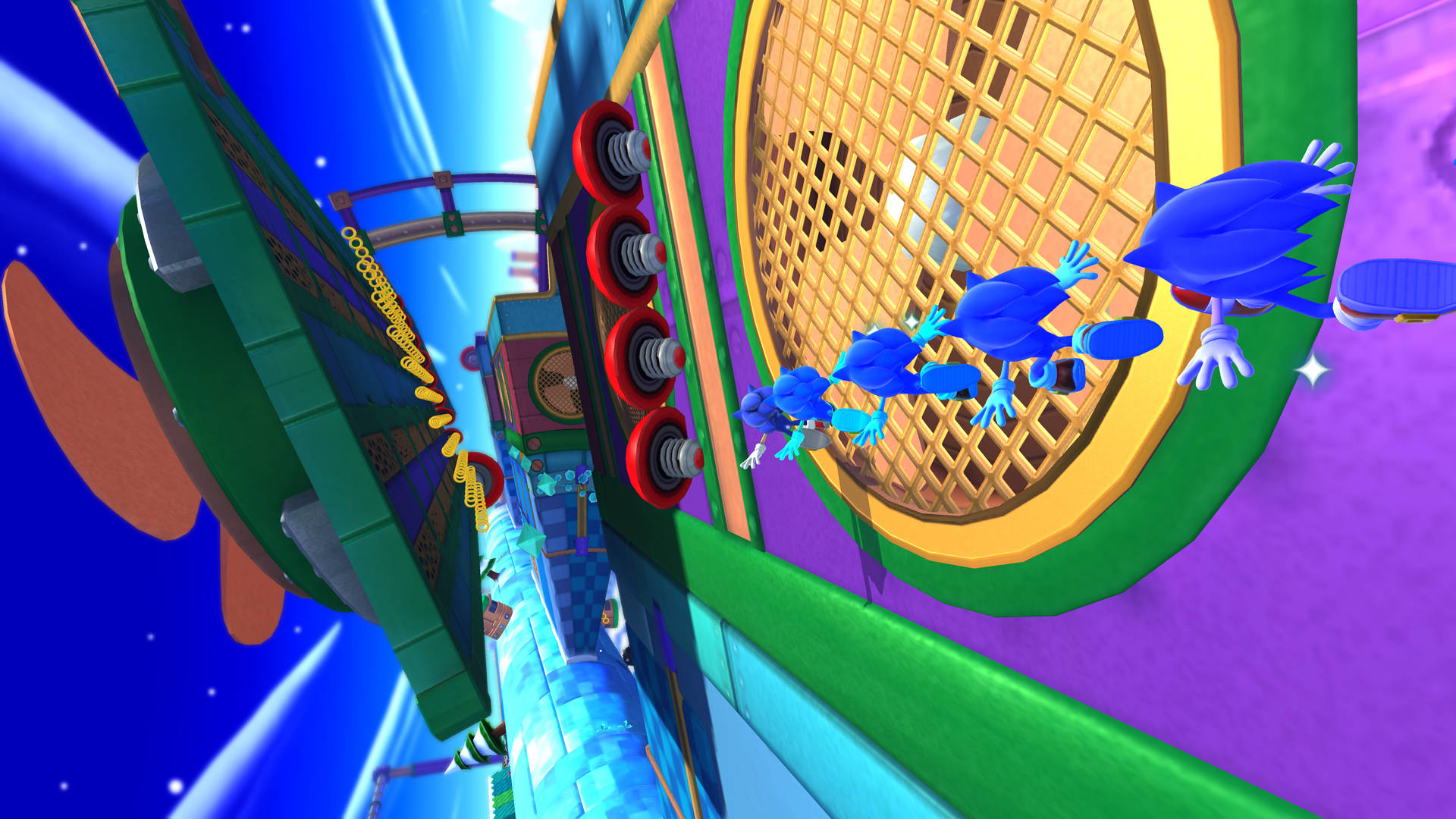 Sonic the Hedgehog 在霓虹燈照亮、帶有圓環和星空背景的未來賽道上疾馳。