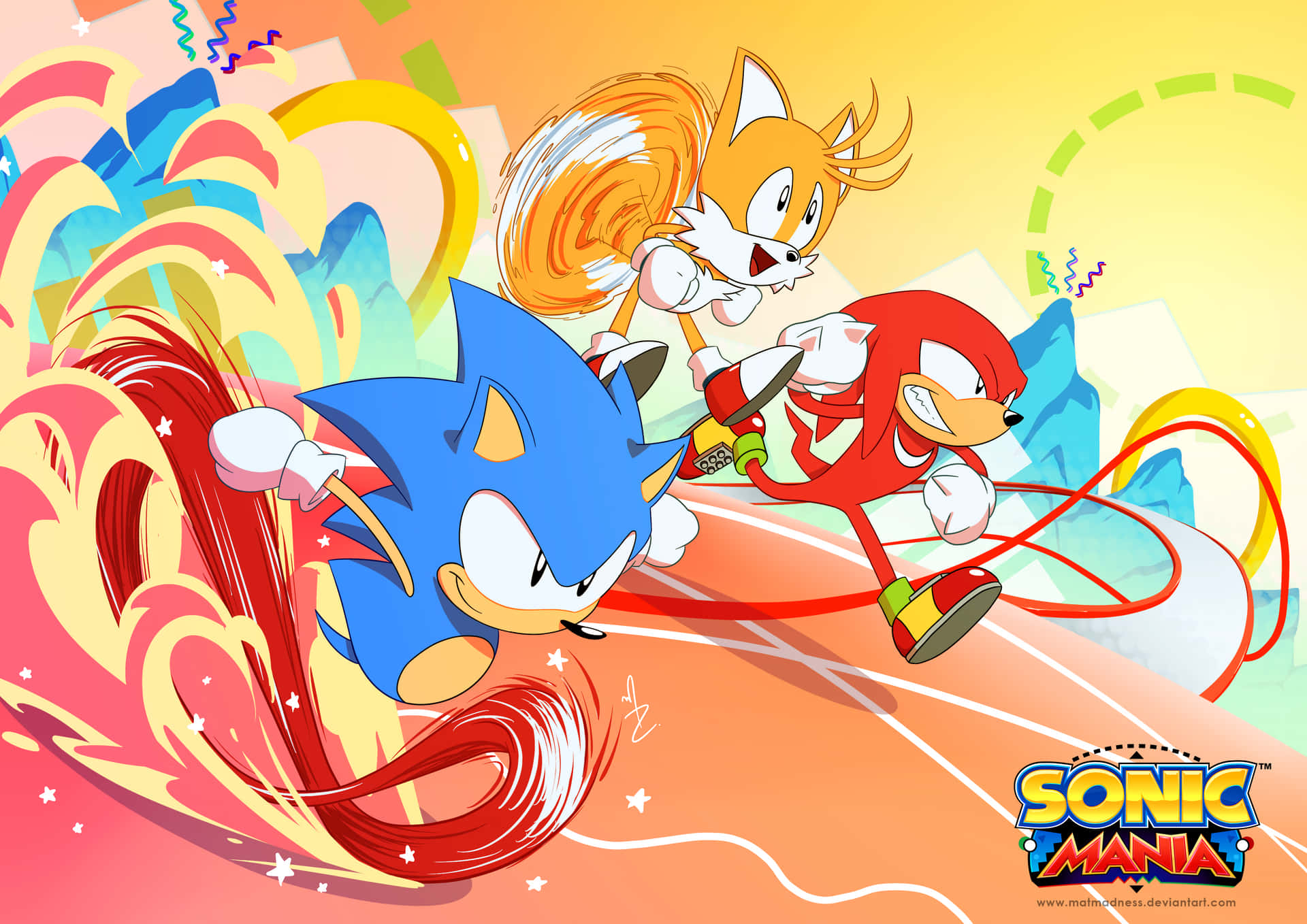 Sonic Tails 和 Knuckles 在充滿活力的卡通場景中奔馳，帶有運動軌跡和星爆效果。