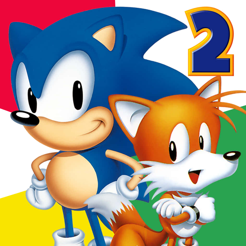 Sonic the Hedgehog 同 Tails 喺色彩繽紛嘅電子遊戲封面藝術中一齊擺甫士。