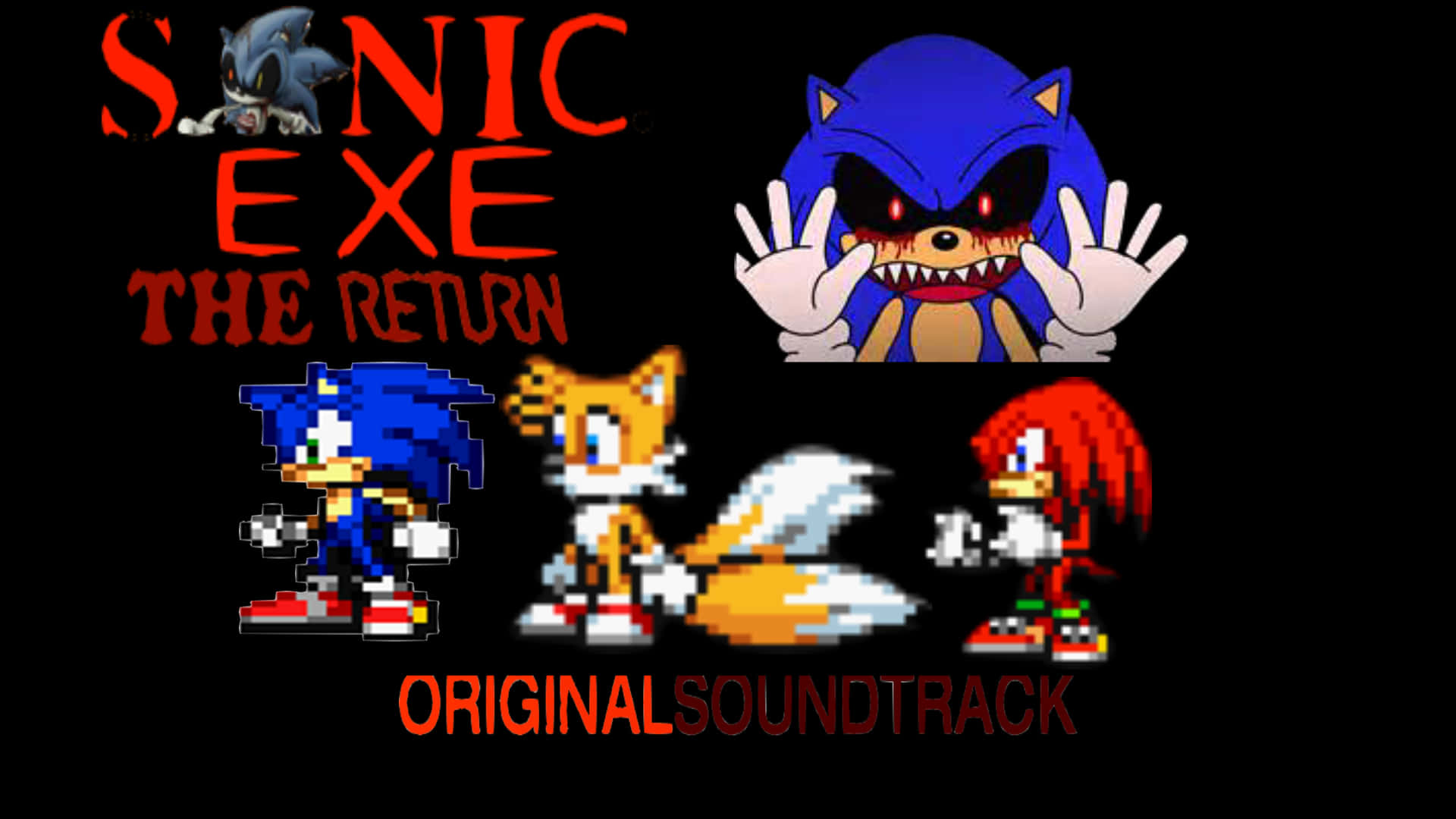 恐怖遊戲封面，帶有怪物化嘅 Sonic 角色同像素藝術風格。