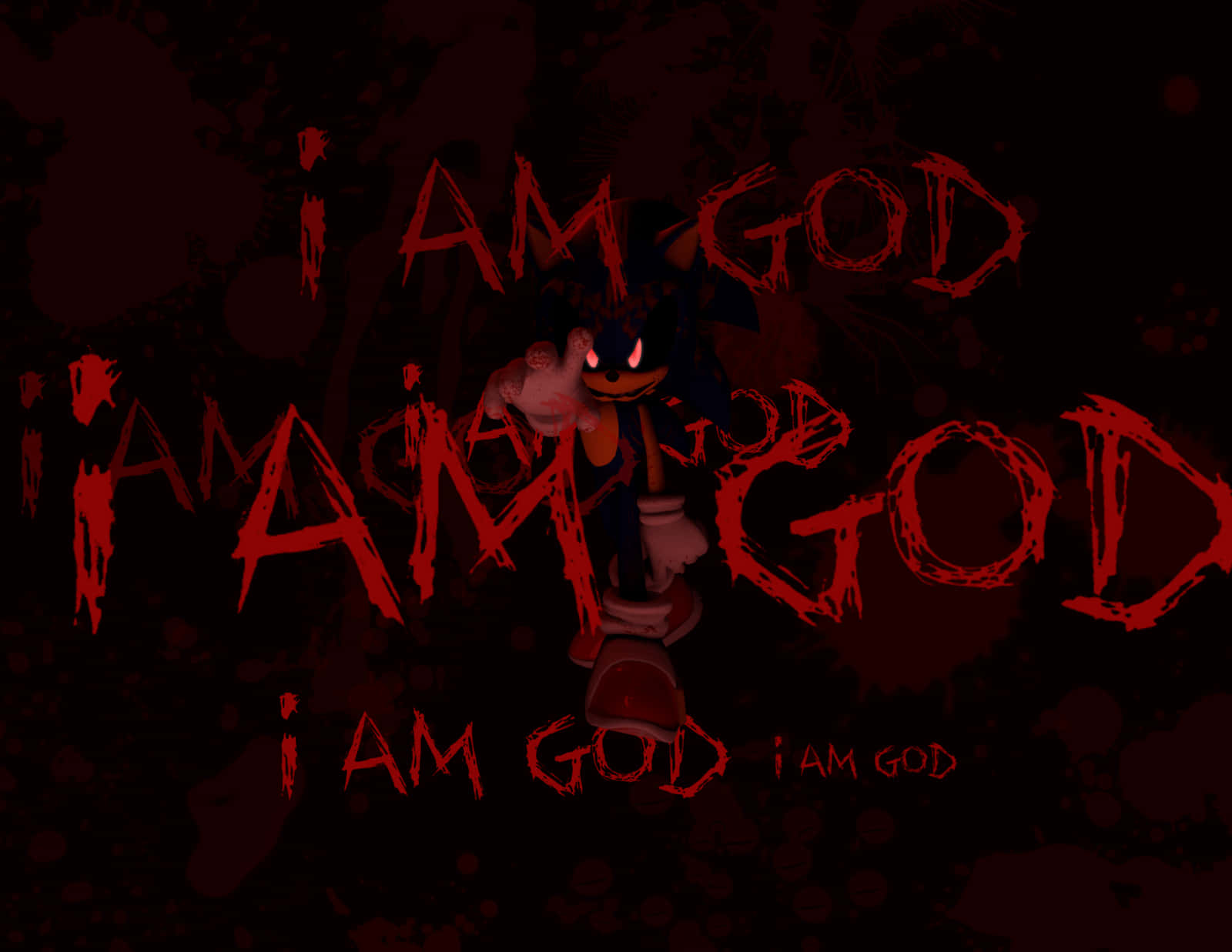 索尼克角色在黑暗背景中，發光的眼睛被血淋淋的 I AM GOD 文字包圍。 — 索尼克 壁紙