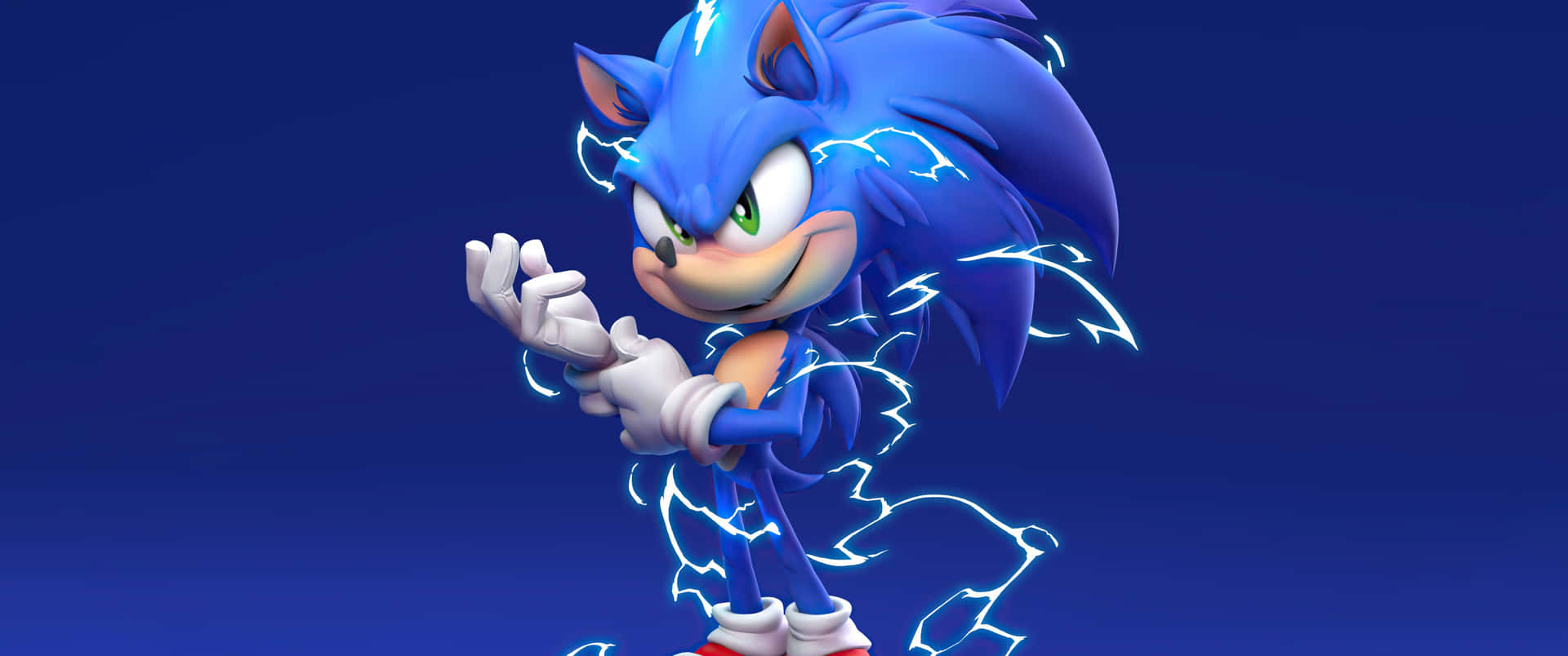 Sonic the Hedgehog 被電藍色閃電包圍，背景為深藍色。
