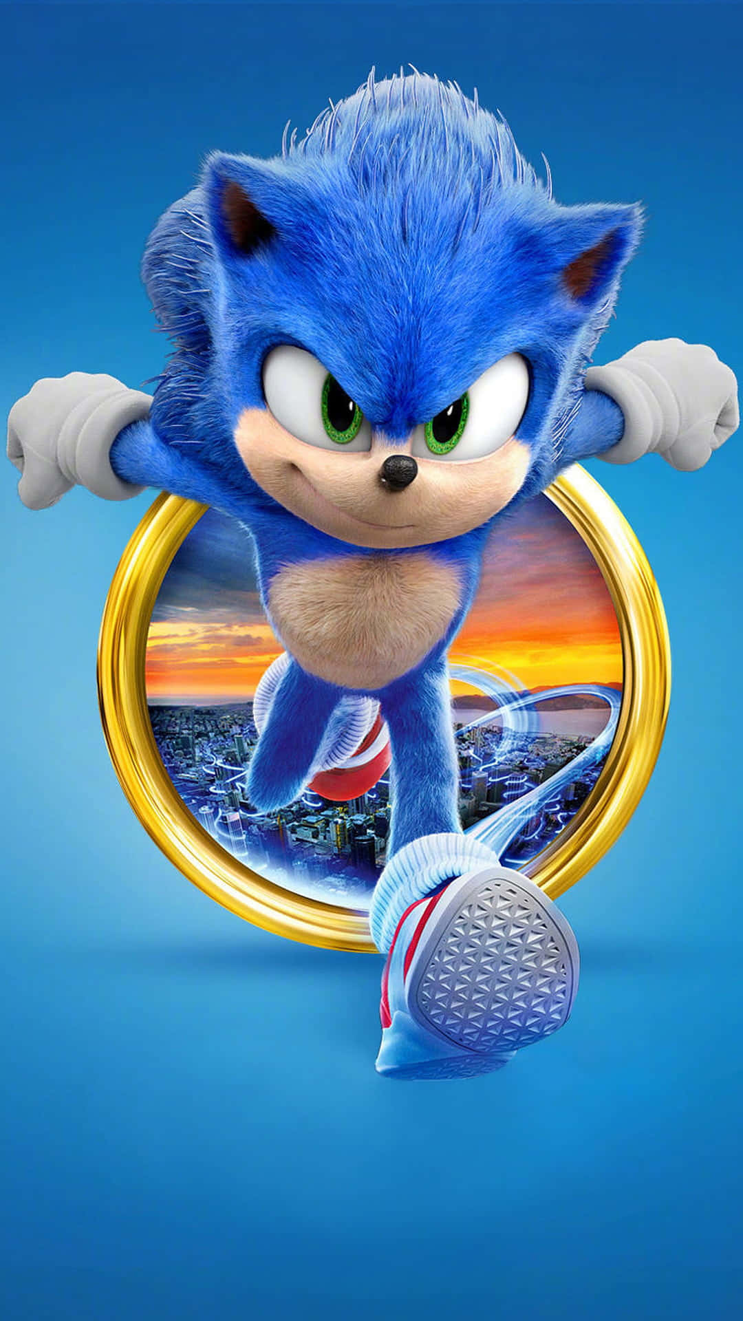 Sonic the Hedgehog 穿過金色環圈，飛越日落時分的城市。