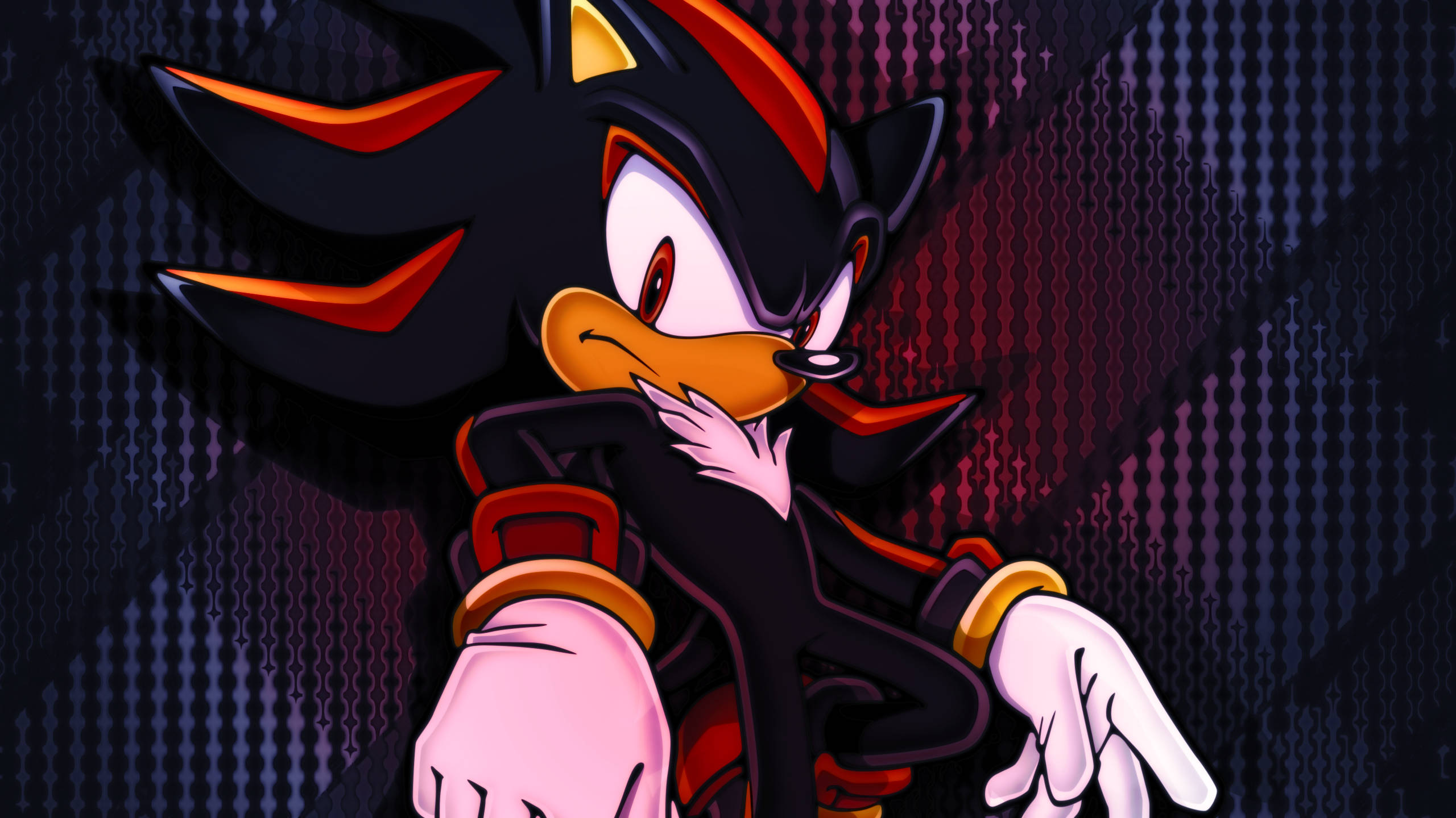 《索尼克冒險》影子刺猬 壁紙 — Shadow the Hedgehog 自信地站在帶有發光紅色點綴的深色數位圖案背景前。