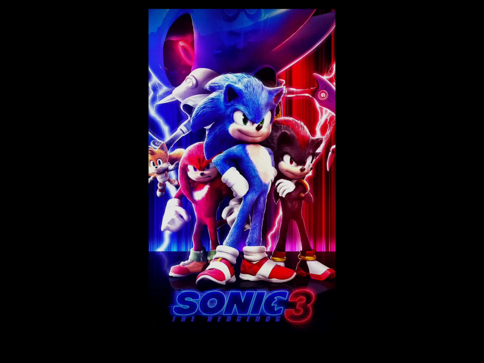 Sonic the Hedgehog 和朋友們擺出動作姿勢，帶有閃電效果和電影標題。