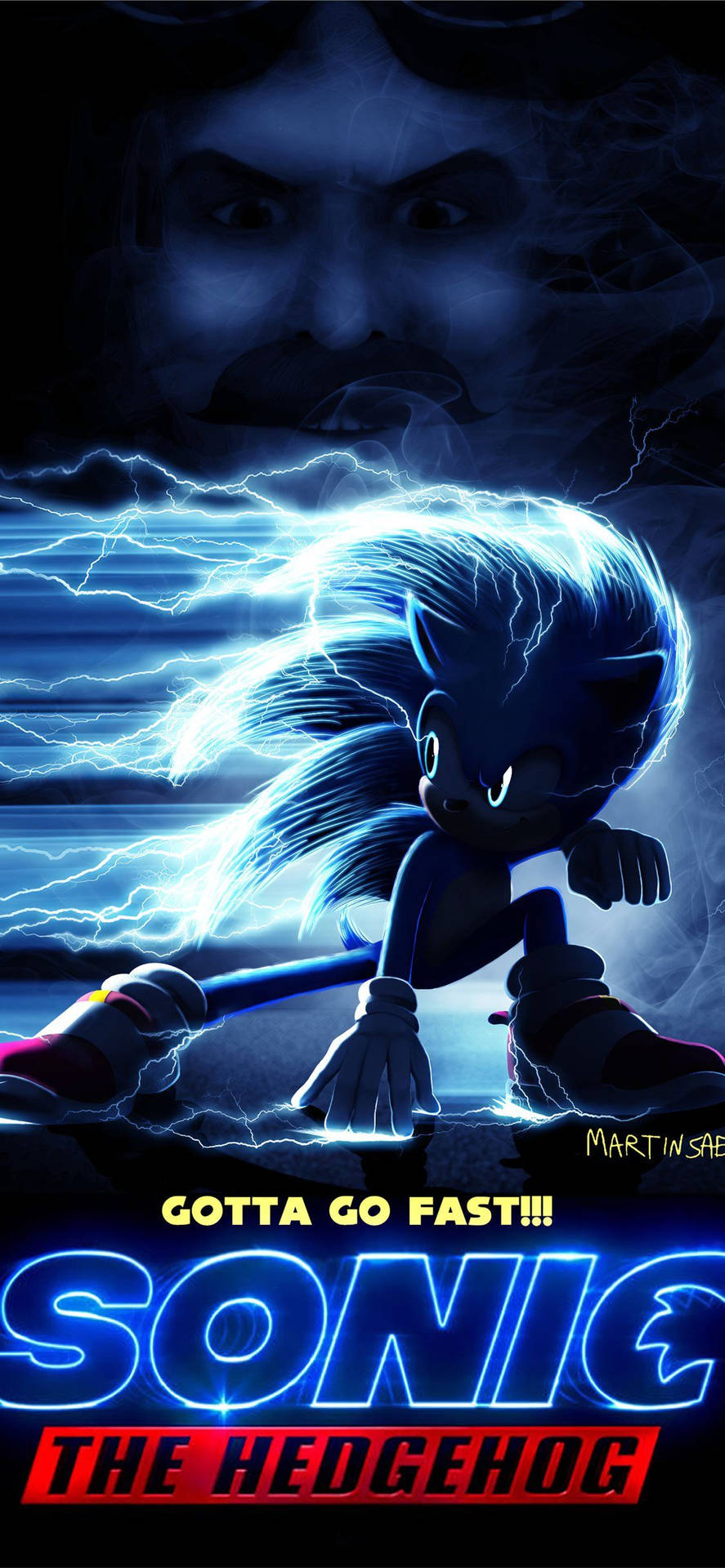 Sonic the Hedgehog 以充滿閃電的動作姿勢出現，背後有一個黑暗的面孔。