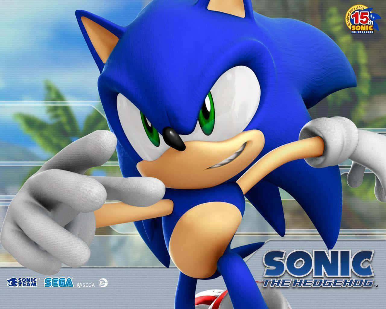 Sonic the Hedgehog 以動態姿勢展現，擁有綠色眼睛和藍色尖刺。