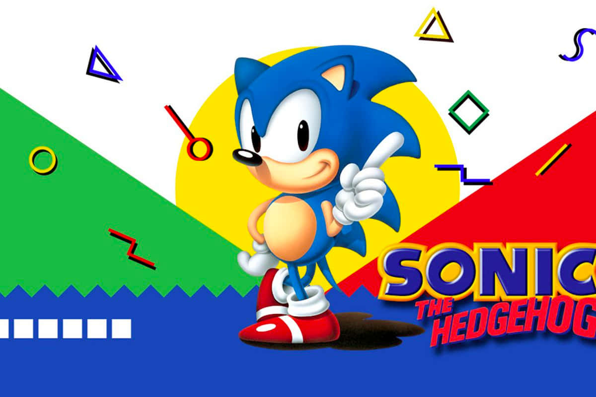 Sonic the Hedgehog 帶著愉快表情指向一個色彩繽紛的幾何背景。