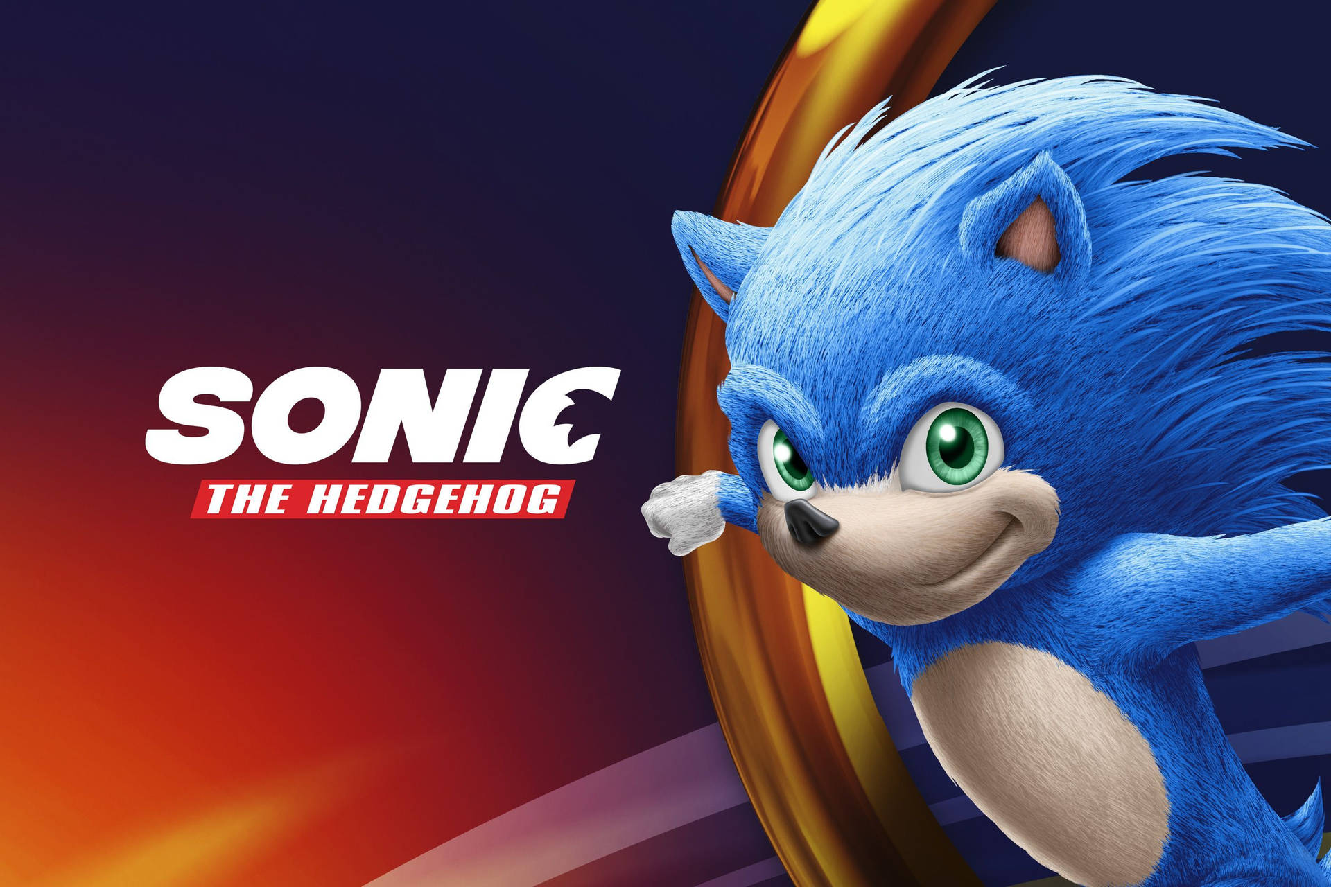 Sonic the Hedgehog 在色彩繽紛的背景前微笑奔跑。