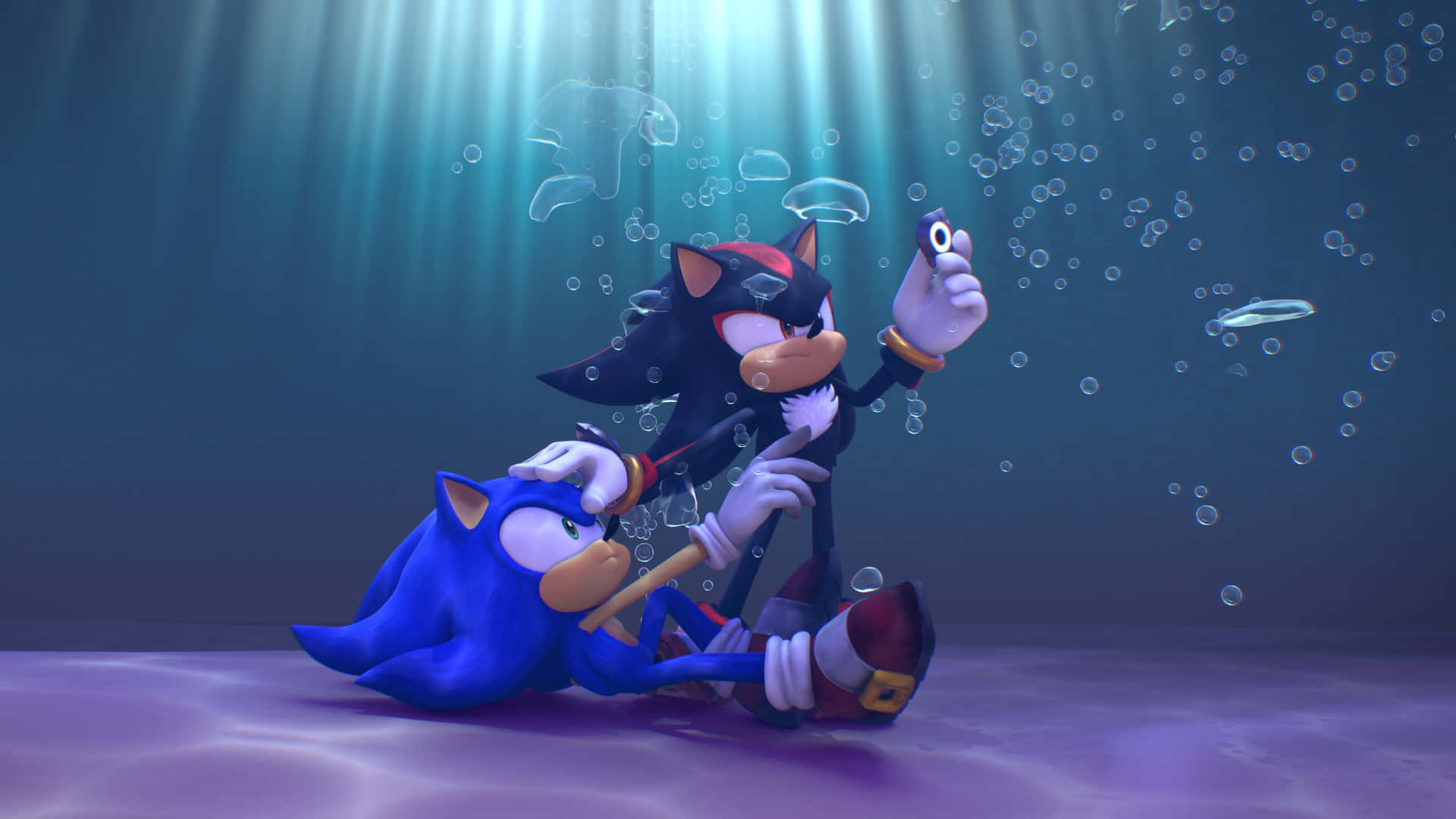 Sonic 和 Shadow 坐在水底，氣泡在他們周圍升起。