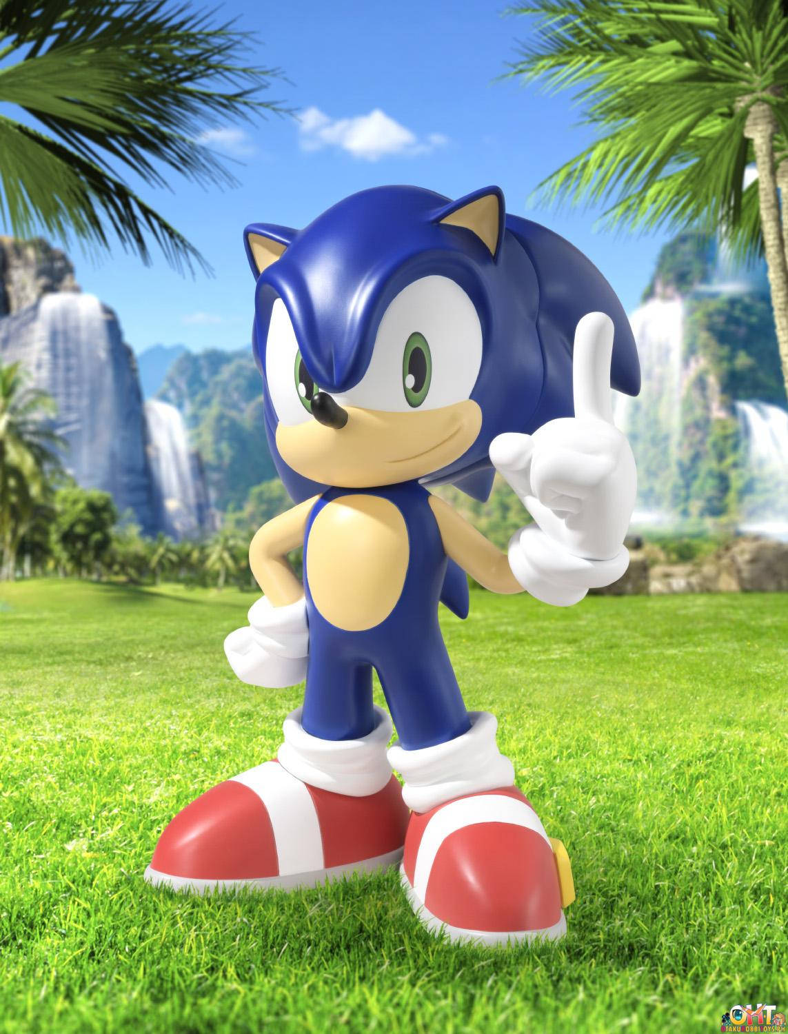 索尼克刺猬熱帶背景 壁紙 — Sonic the Hedgehog 自信地站在鮮綠色的草地上，背後有棕櫚樹和瀑布，頭頂是明亮的藍天。