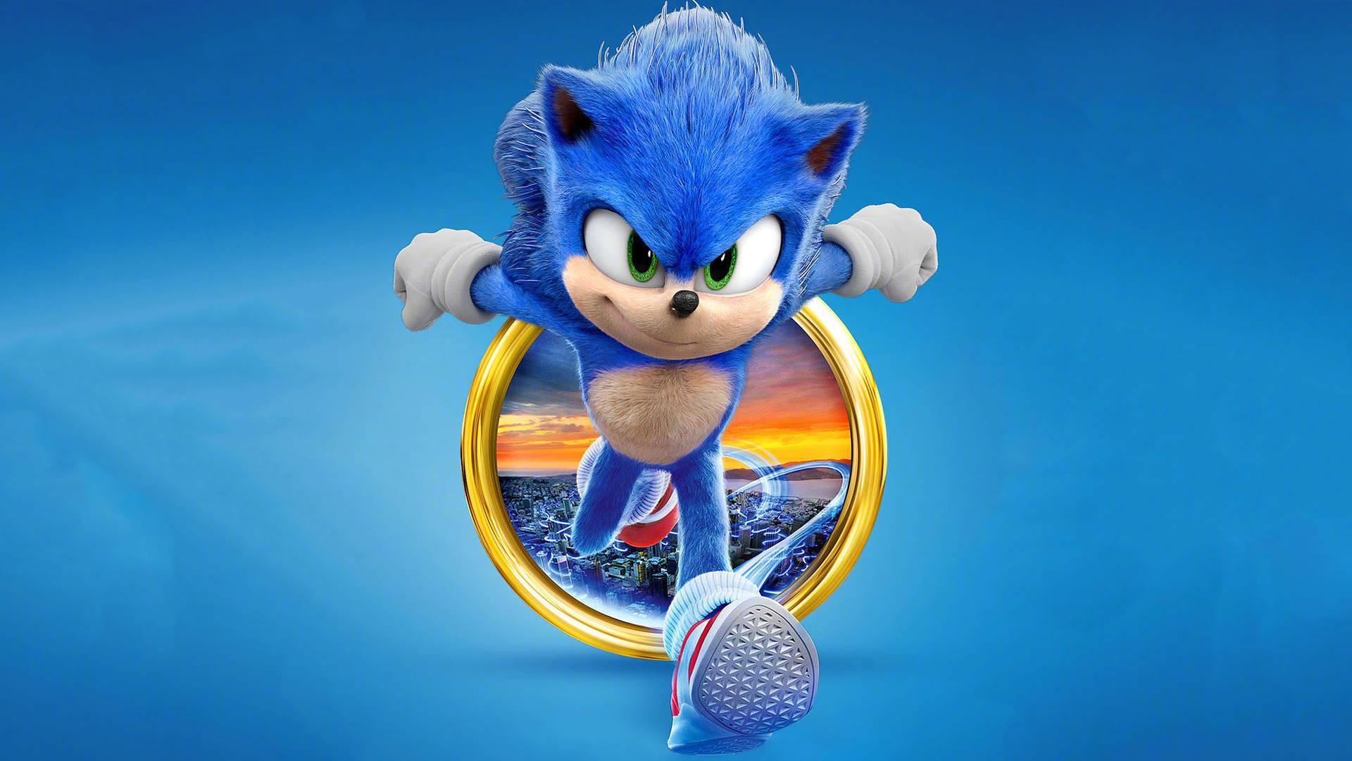 Sonic the Hedgehog 穿過金色圓環，身後有城市日落。 — 索尼克 壁紙