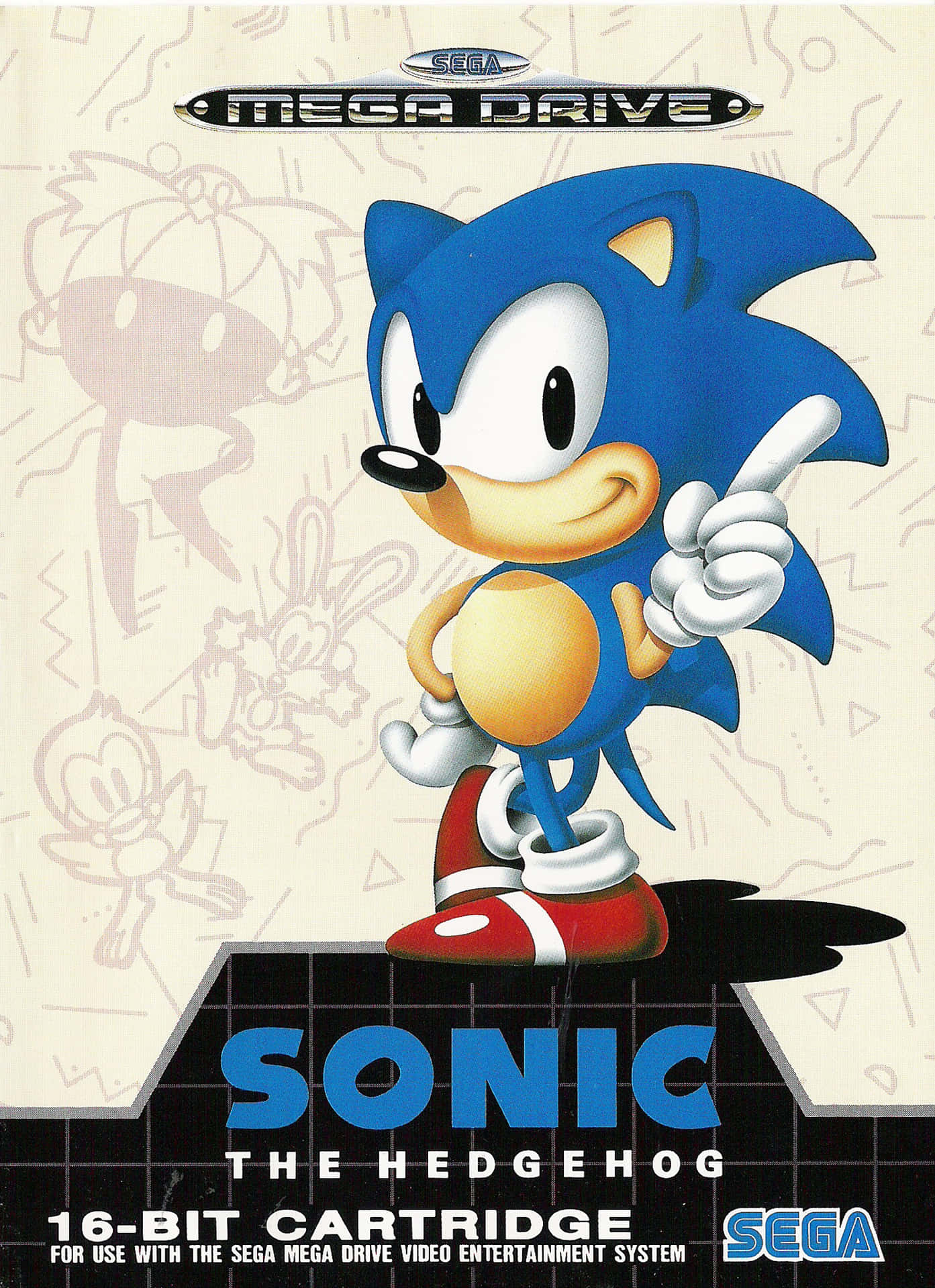 Sonic the Hedgehog穿著經典藍紅服裝向上指。