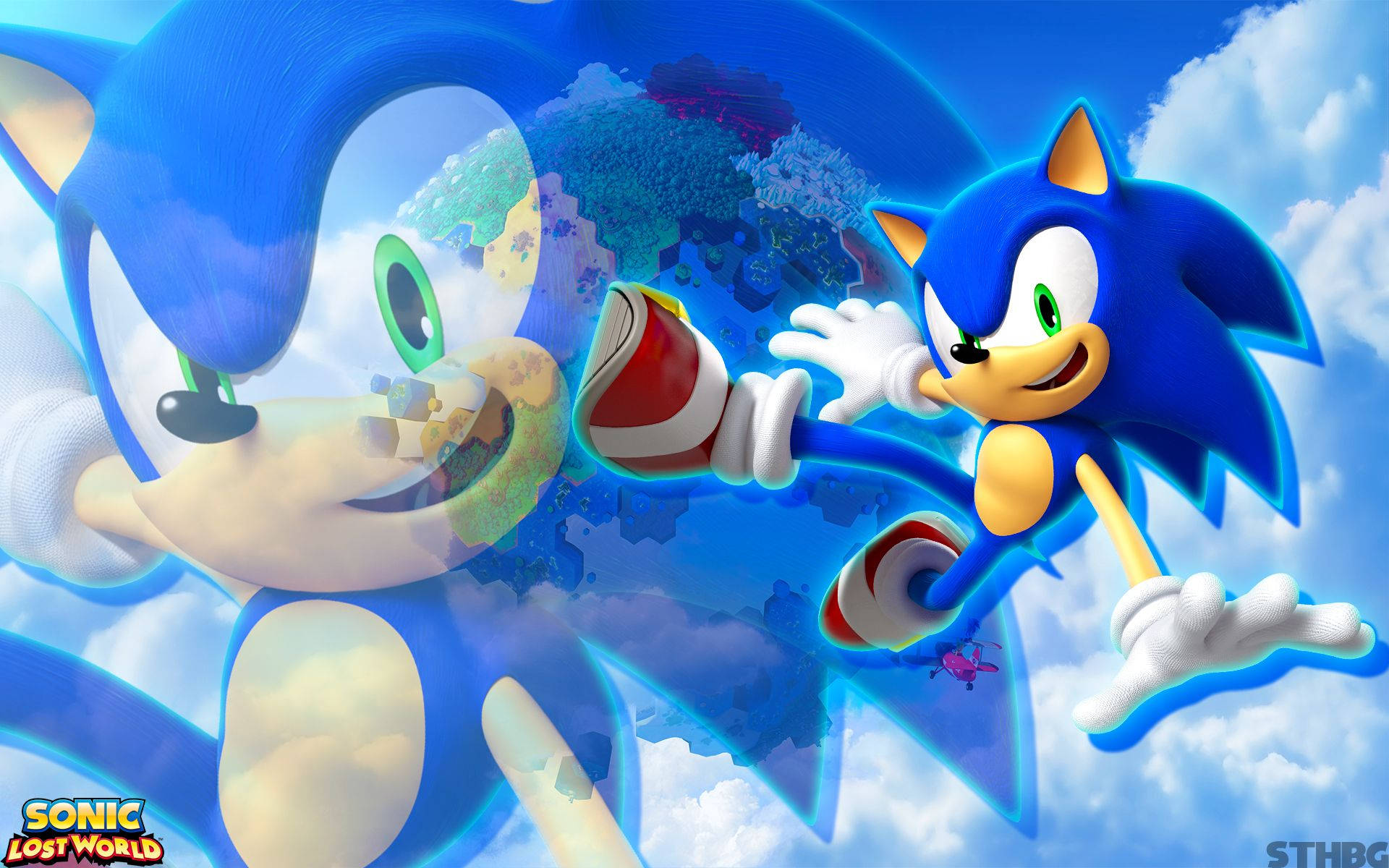 Sonic the Hedgehog 喺藍色天空中奔跑，背景有一個地球儀。