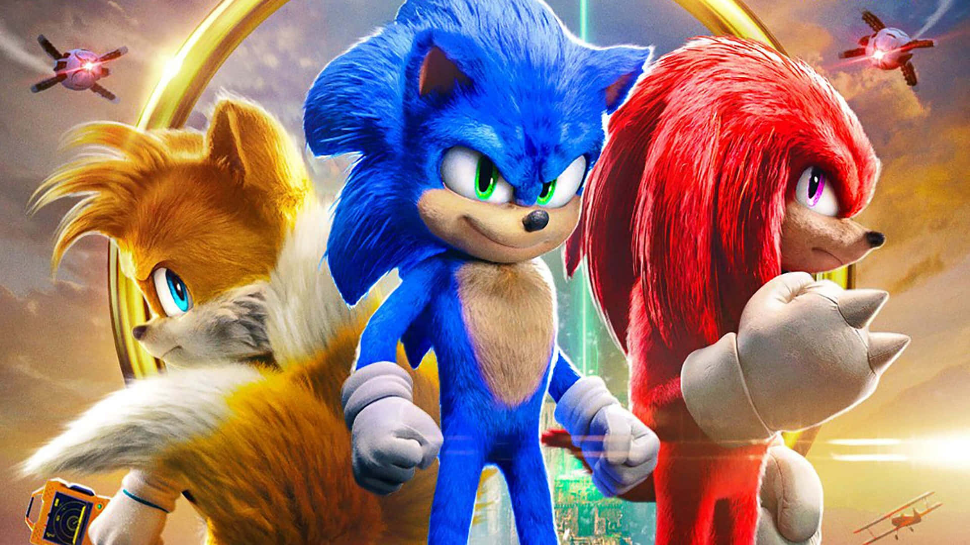 Sonic、Knuckles 和 Tails 以動態動漫動作姿勢，搭配飛行車輛和發光的城市背景。