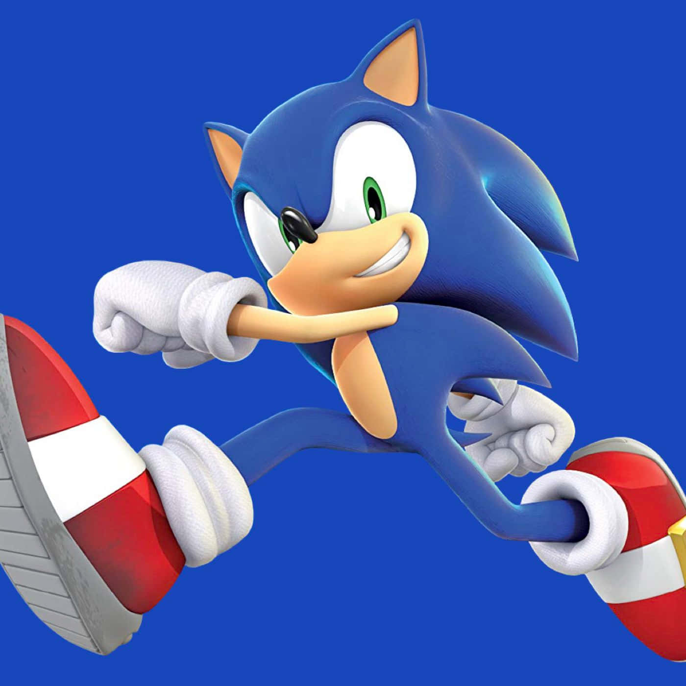Sonic the Hedgehog 在藍色背景上咧嘴奔跑。