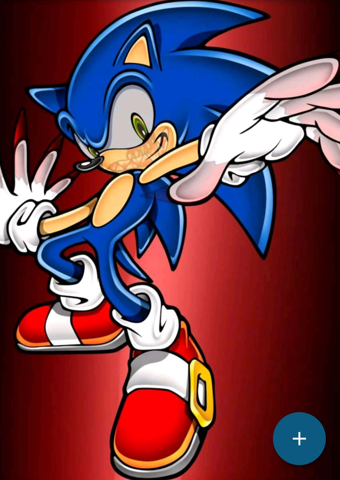 Sonic Dash 桌布 壁紙 — 索尼克向前衝刺，臉上掛著笑容，背景是深紅色漸變。