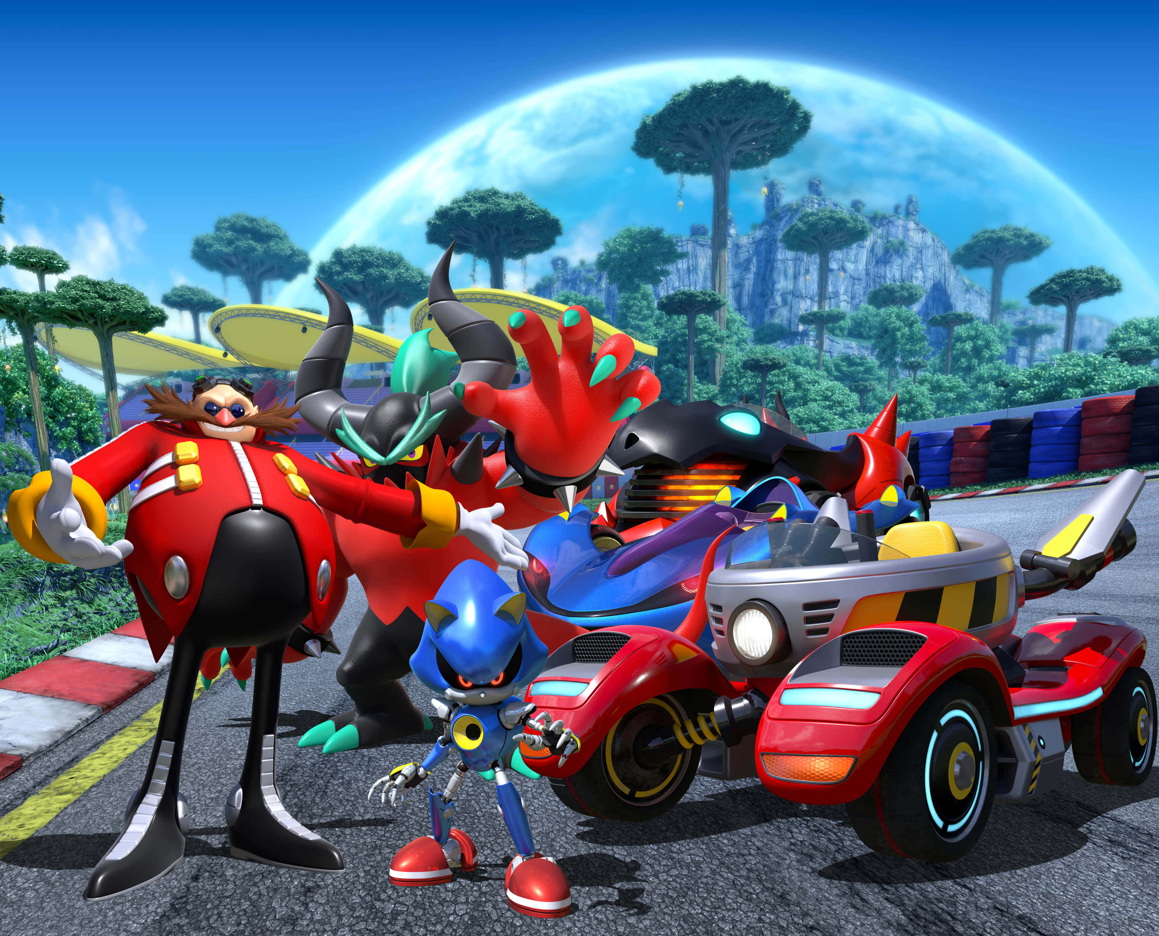 Sonic Battle Racers 桌布 壁紙 — 索尼克和他的對手在巨大的藍色月亮下，在充滿未來感樹木和懸崖的充滿活力的外星賽道上競速。