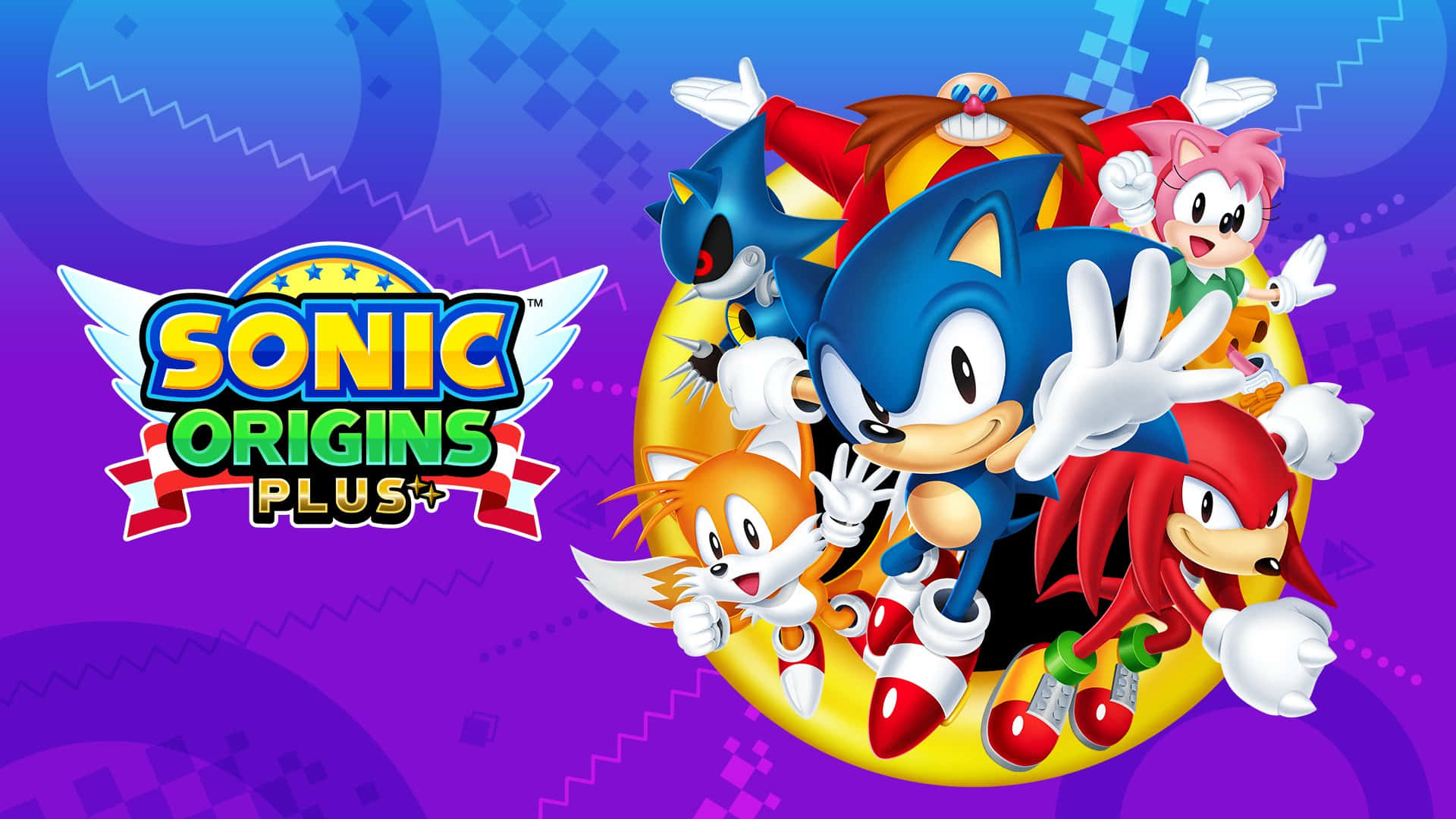Classic Sonic 桌布 壁紙 — 索尼克和他的朋友們在充滿活力的紫色和藍色漸變背景前，搭配幾何圖案，充滿活力地擺出姿勢。
