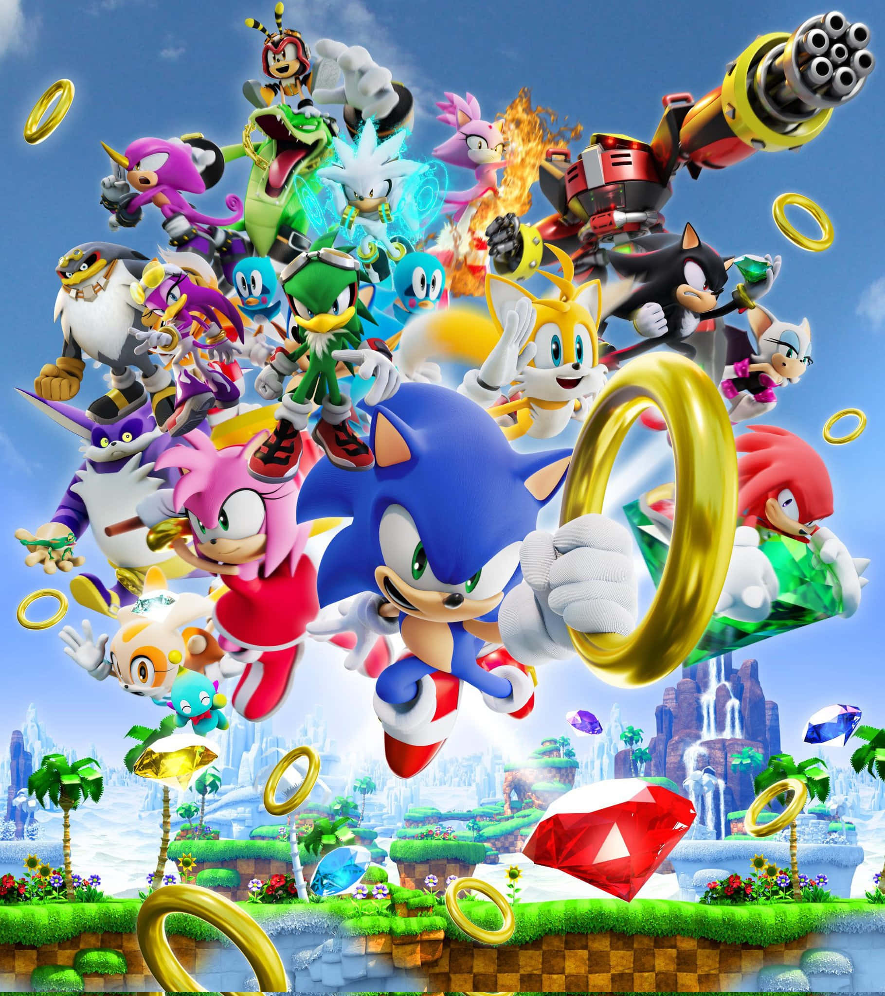 Sonic Characters 桌布 壁紙 — 索尼克和他色彩繽紛的朋友們在充滿金色環和閃亮寶石的 vibrant 浮島景觀中動態跳躍。