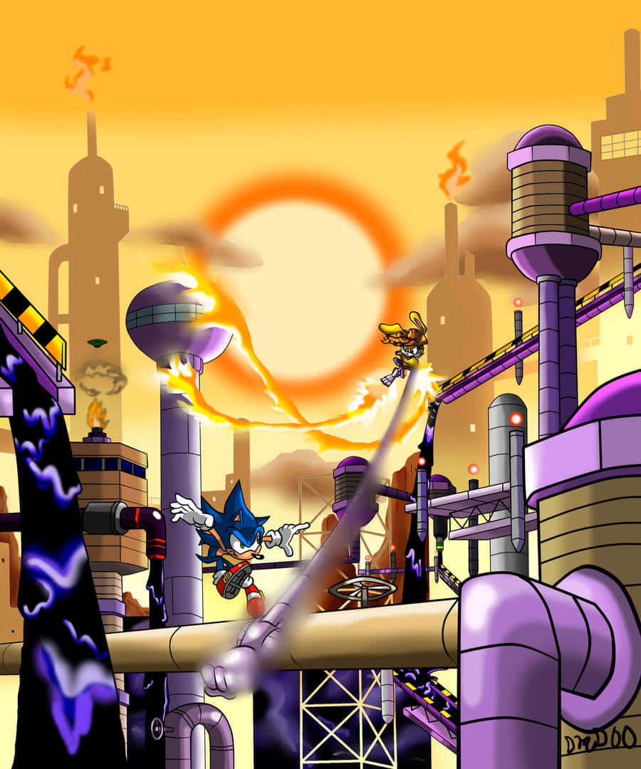 Sonic Oil Ocean Zone 桌布 壁紙 — 索尼克和塔爾斯在日落時分穿過一個熾熱的工業城市景觀，伴隨著發光的管道和爆炸。
