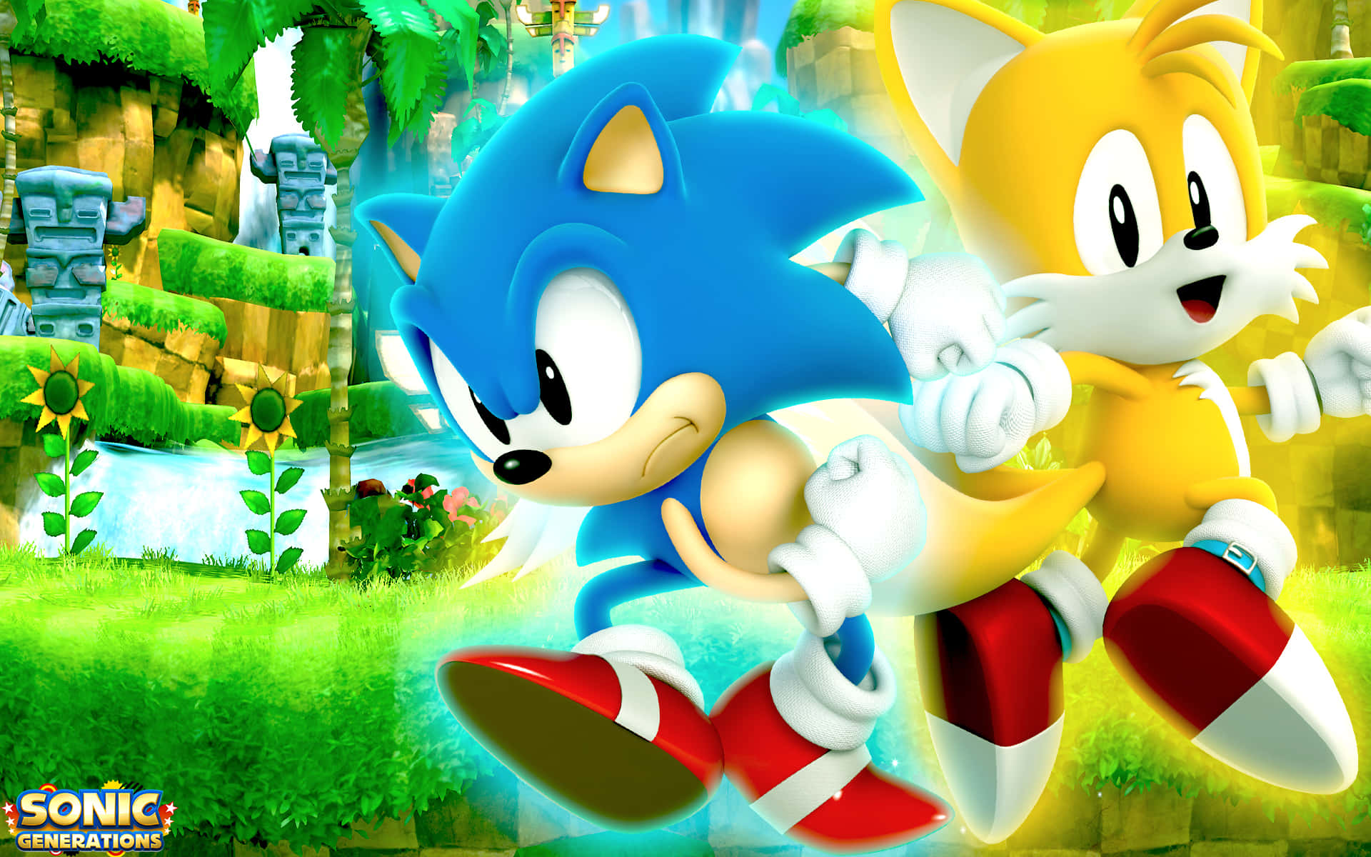 Classic Sonic 桌布 壁紙 — 索尼克和塔爾斯在明亮的日光下，穿過充滿生機的叢林，叢林中有茂密的綠植和古老的遺跡。