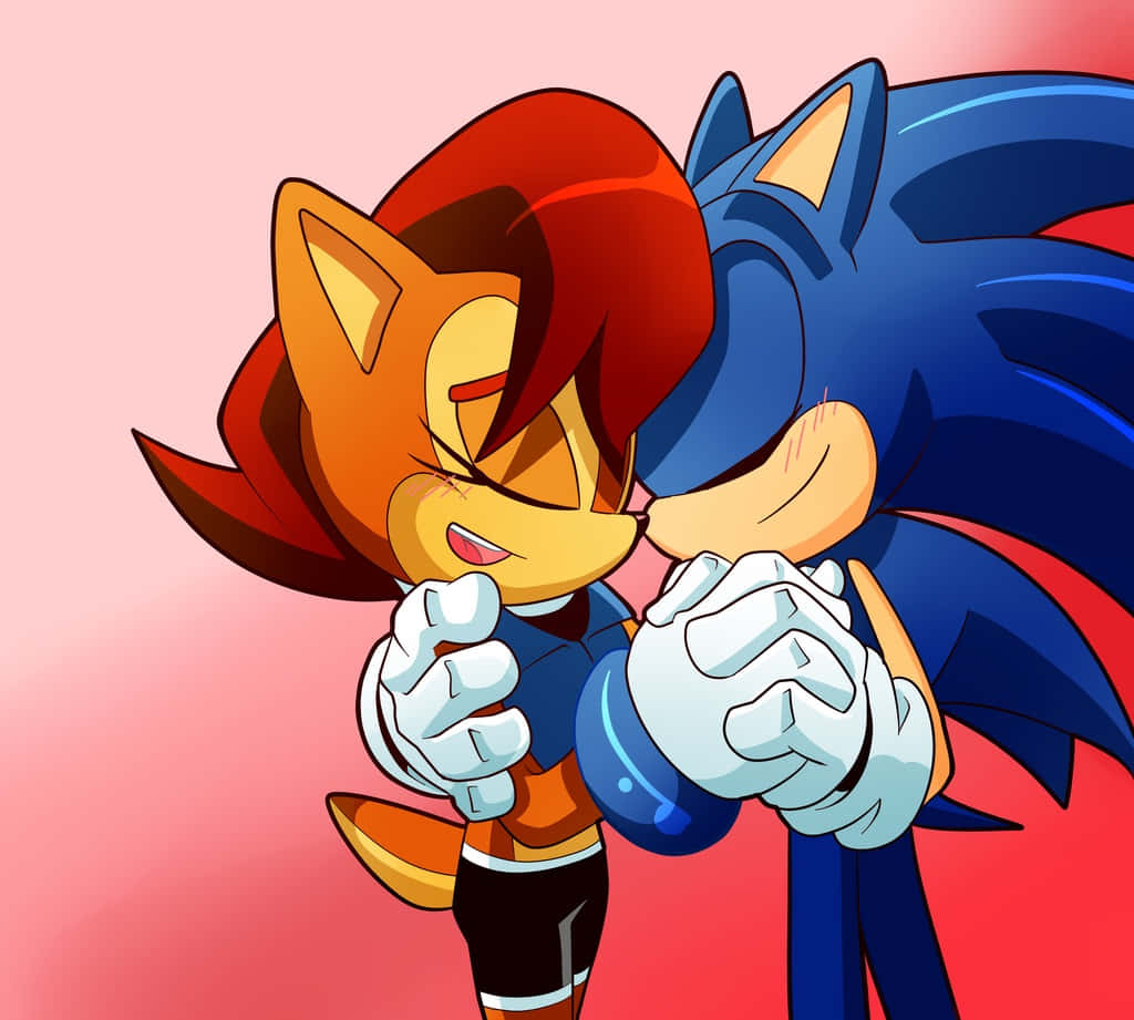 Sonic And Sally 桌布 壁紙 — 索尼克和塔爾斯在柔和的粉紅和紅色漸變背景中分享溫馨時刻。