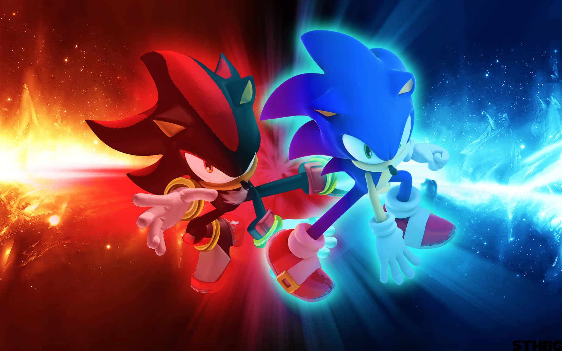 Sonic And Shadow 桌布 壁紙 — 索尼克和夏特在宇宙星空背景下，以紅色和藍色能量爆發進行動態戰鬥。
